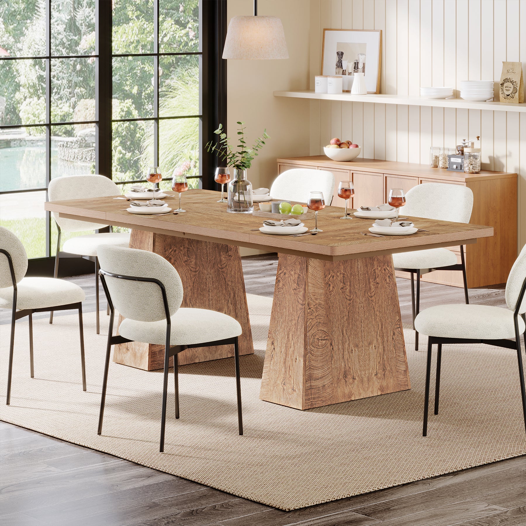 Tribesigns 63 Inch Dining Table for 6, Farmhouse Rectangular Kitchen Table with Double Pedestal for Dining Room