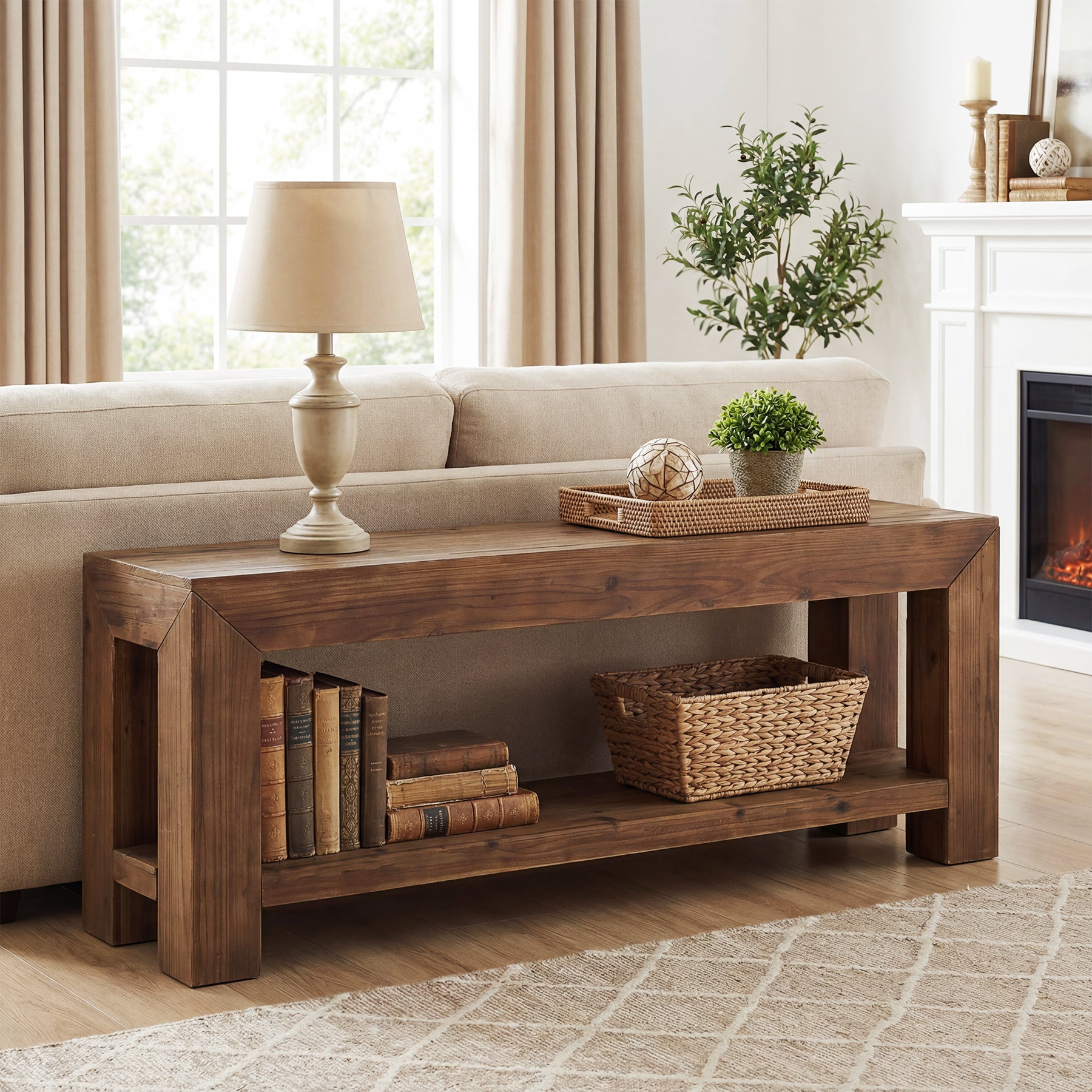 Tribesigns 63-Inch Solid Wood TV Stand for TVs up to 75 Inches with 2-Tier Open Storage Shelves