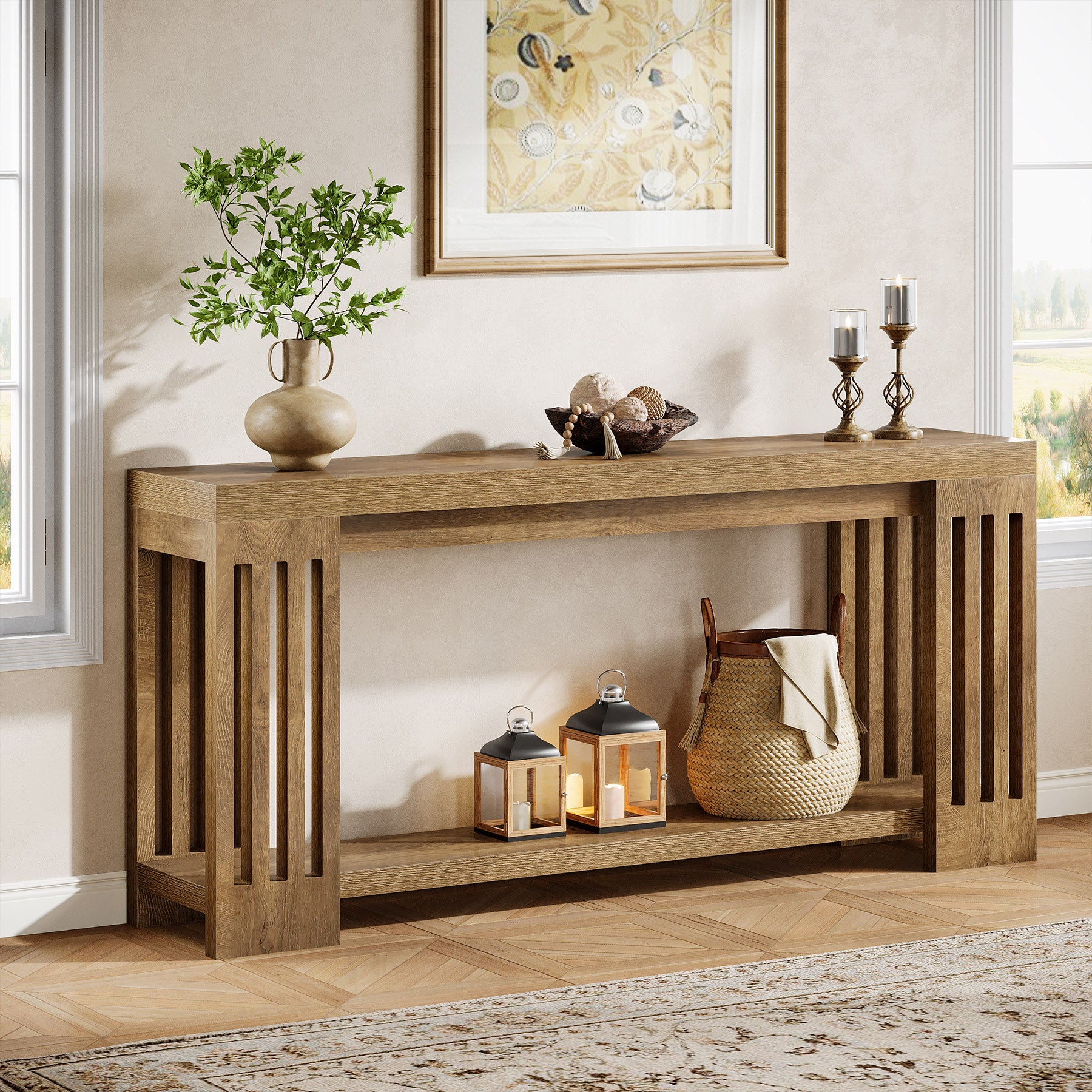 Tribesigns 70.9-Inch Farmhouse Console Table with Vertical Stripe Legs, 2-Tier Sofa Table for Living Room
