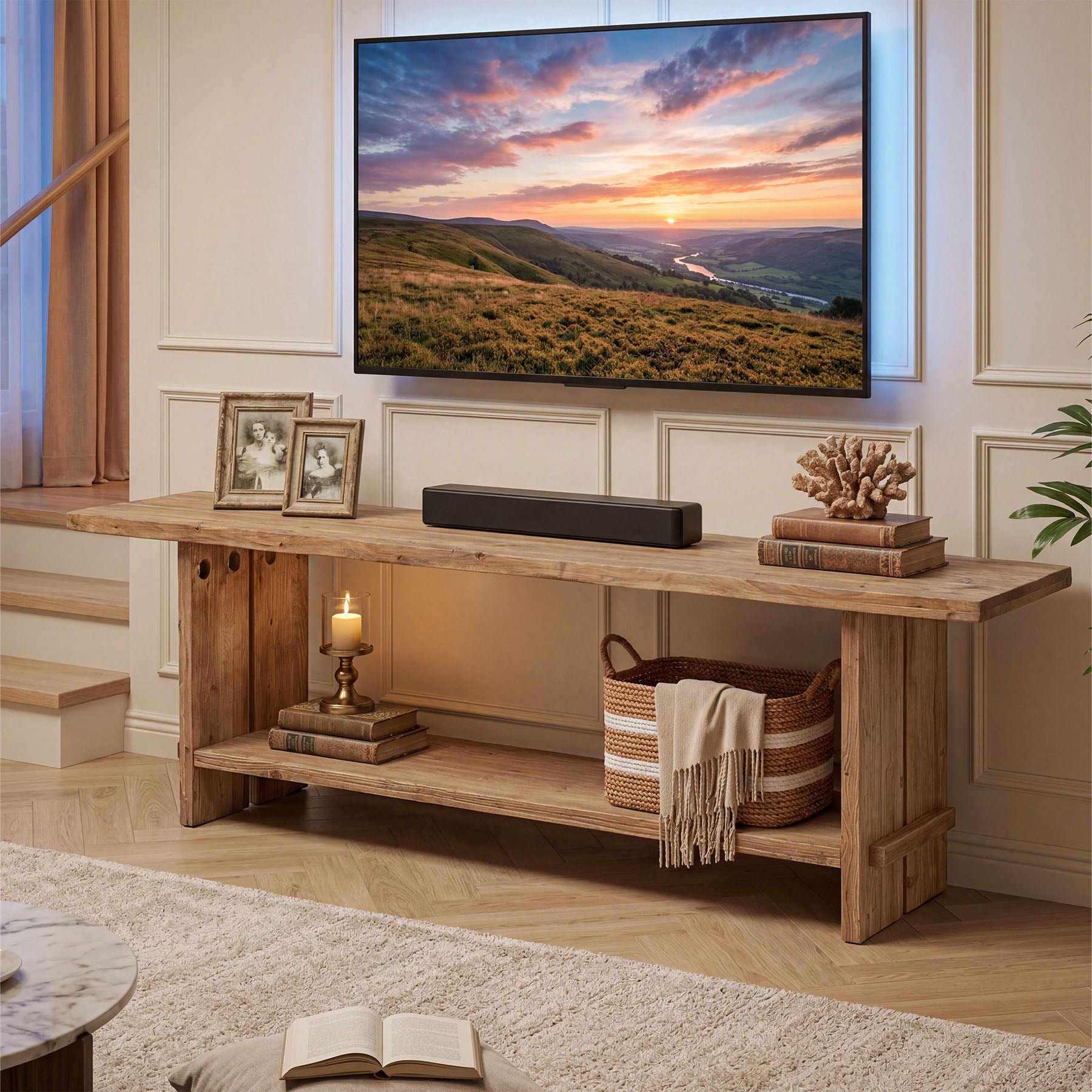 Tribesigns 71 Inch Solid Wood TV Stand with 2-Tier Storage, Media Console for 55 to 85 Inch TVs