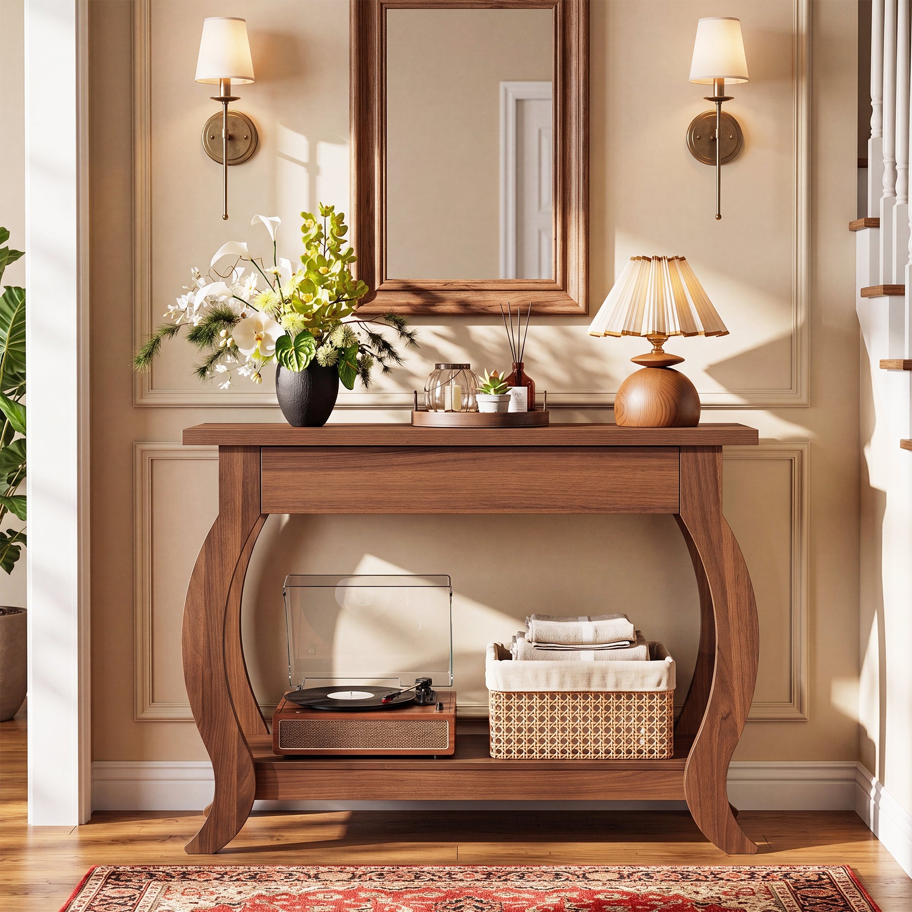 41.3-Inch Narrow Console Table with Drawer, Curved-Leg Hallway Table with Storage