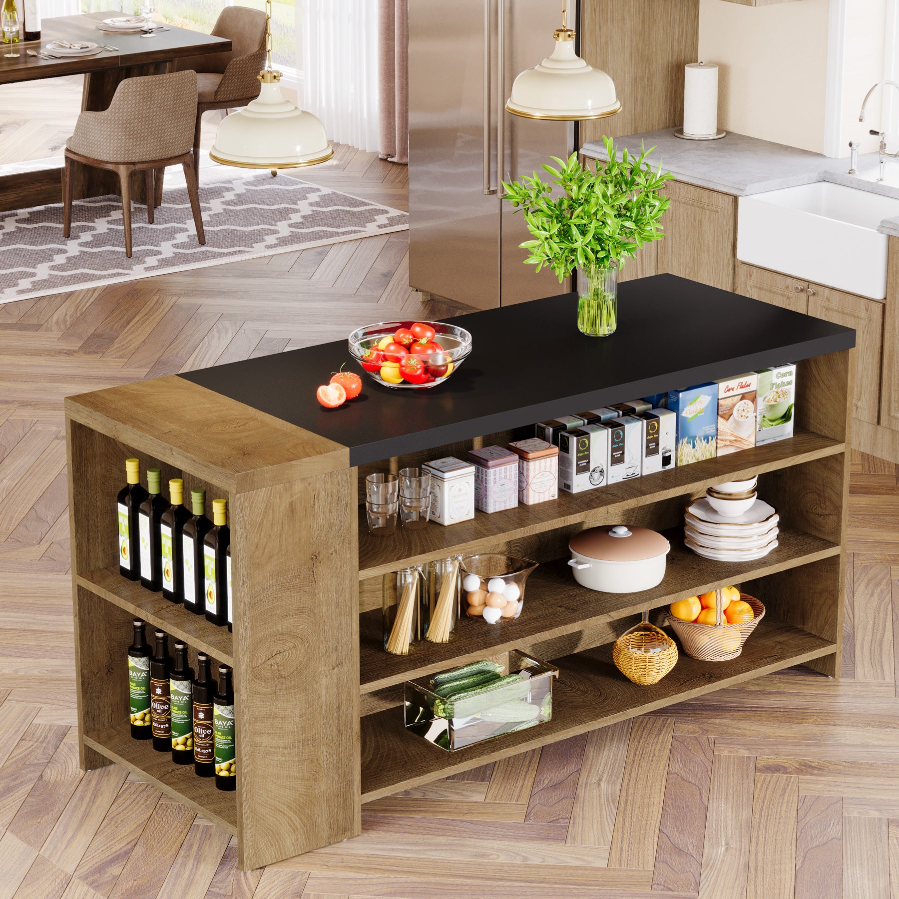 55.12-Inch Kitchen Island with 5-Tier Storage Shelves and Large Countertop, Farmhouse Coffee Bar Table for Kitchen