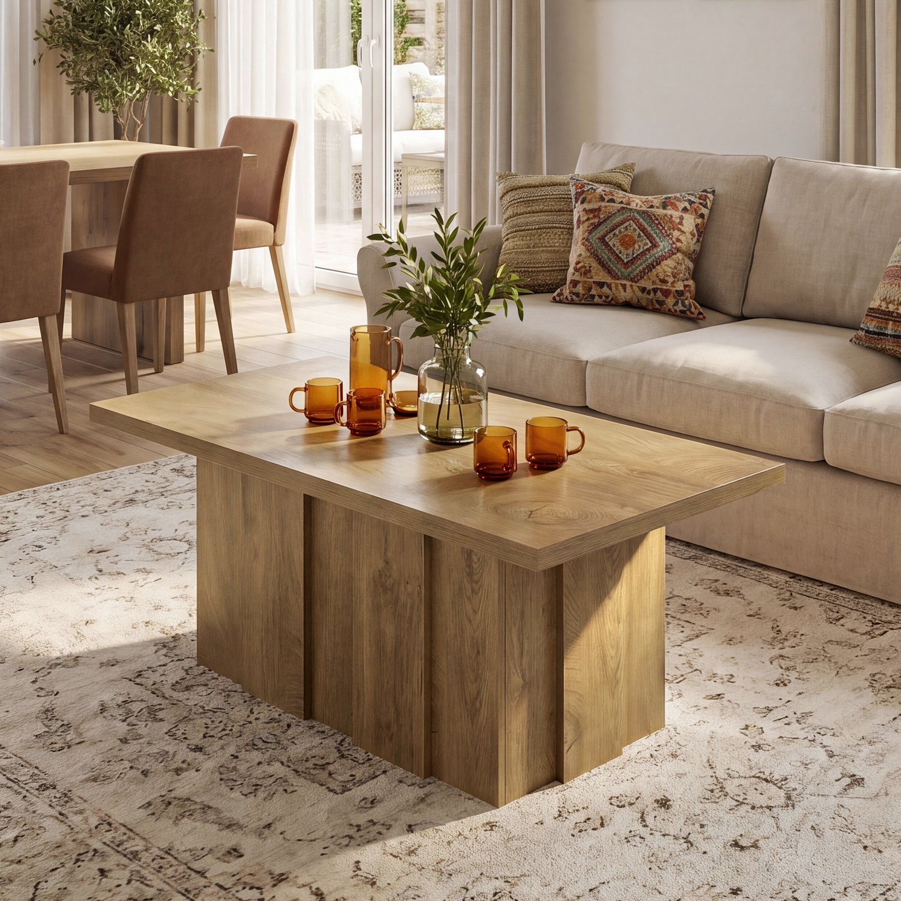 47.2-Inch Coffee Table with Fluted Pedestal Base, Farmhouse Center Table for Living Room