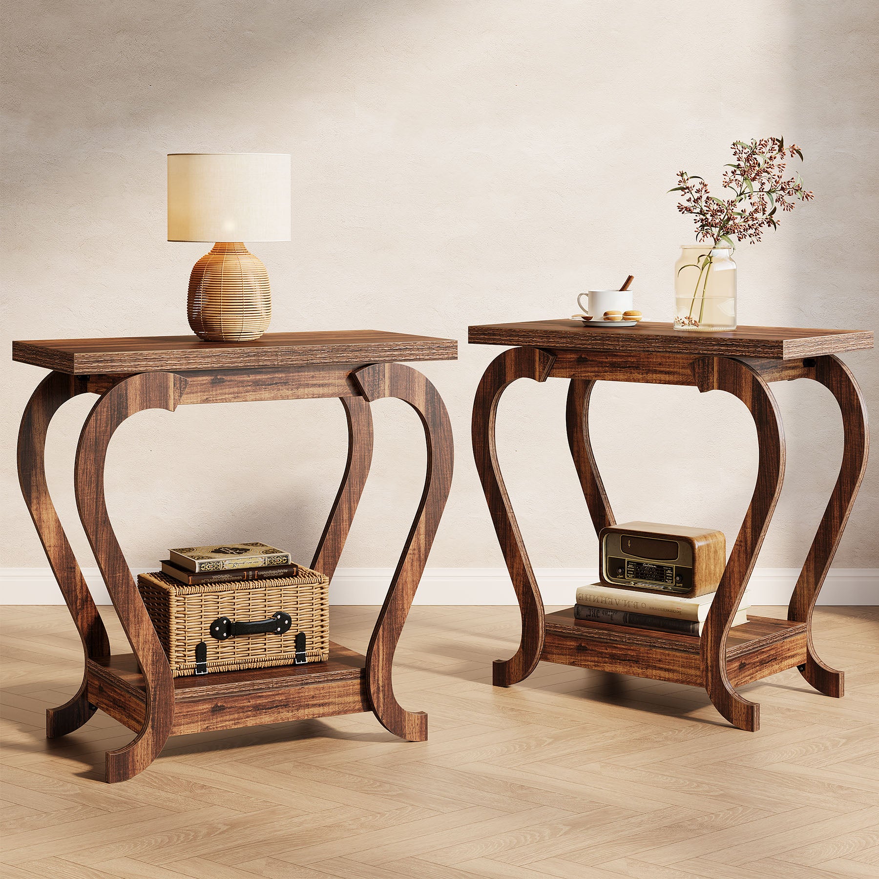 Brown Wooden End Table, 23.62 Inch 2-Tier Side Table for Small Spaces