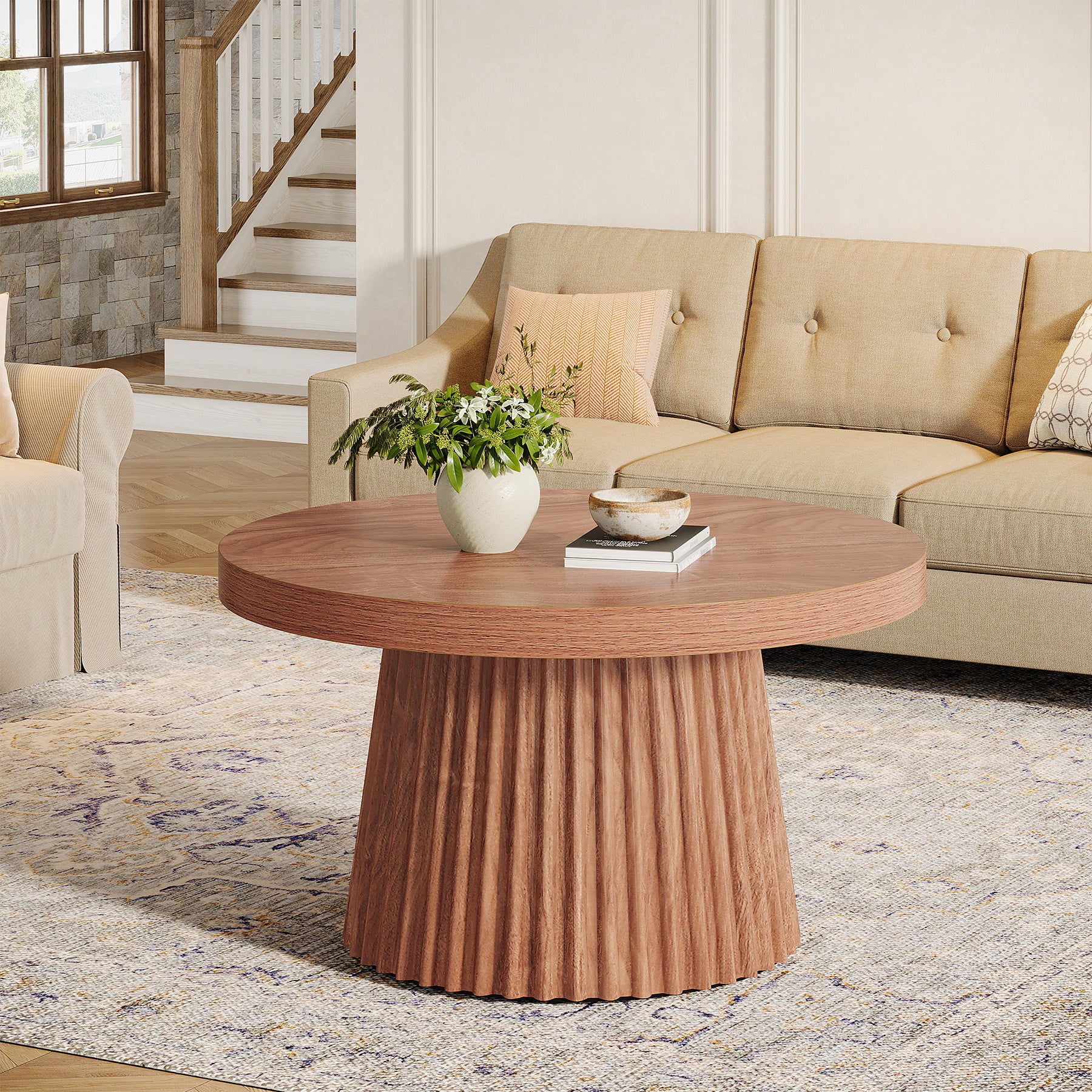 31.5" Round Fluted Coffee Table - Minimalist Wood Grain Center Piece for Small Spaces
