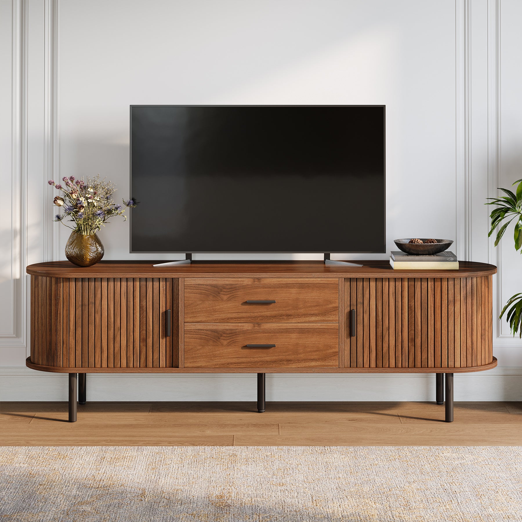 70-Inch TV Stand with Sliding Tambour Door, Mid-Century Media Console for 75-Inch TVs