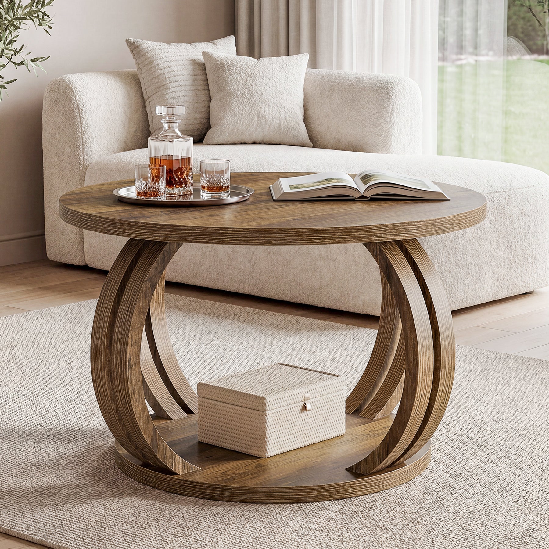 Tribesigns 31.5 Inch Round Coffee Table with Storage, Sculptural Curved Base for Living Room
