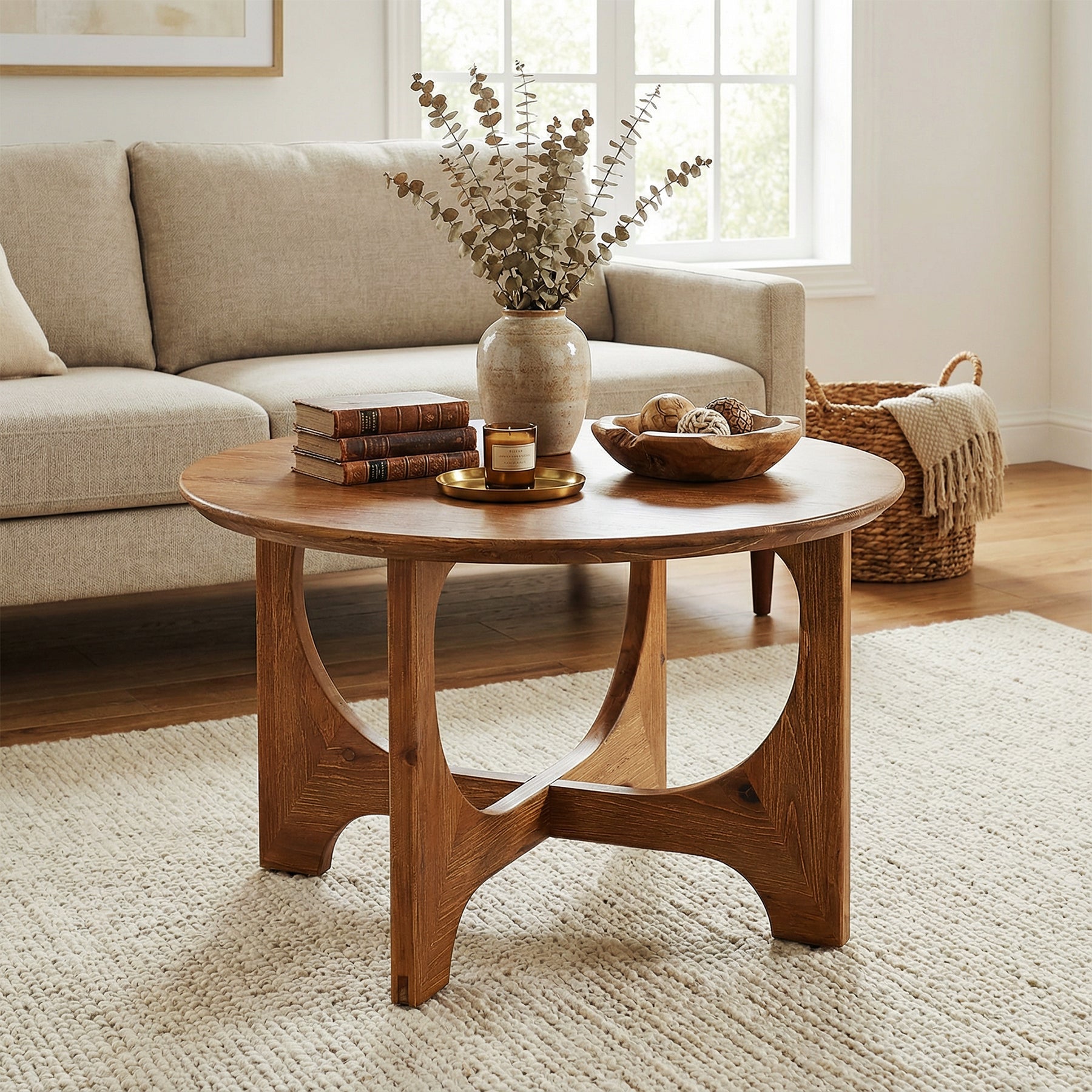 31.5" Round Solid Wood Farmhouse Coffee Table, Rustic Brown Small Space