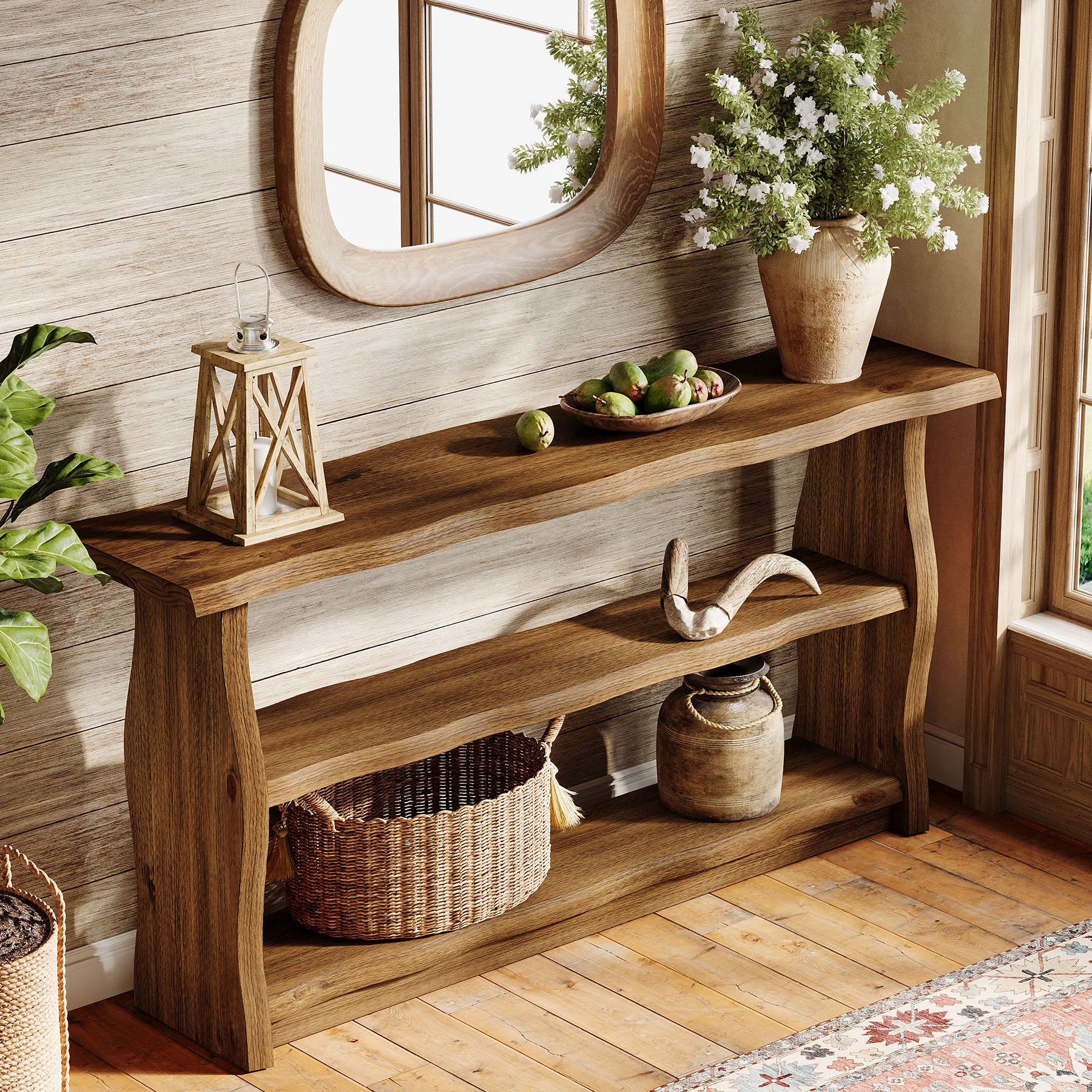 63-Inch Solid Wood Console Table with 3-Tier Open Storage, Rustic Pinewood Entryway Table for Hallway