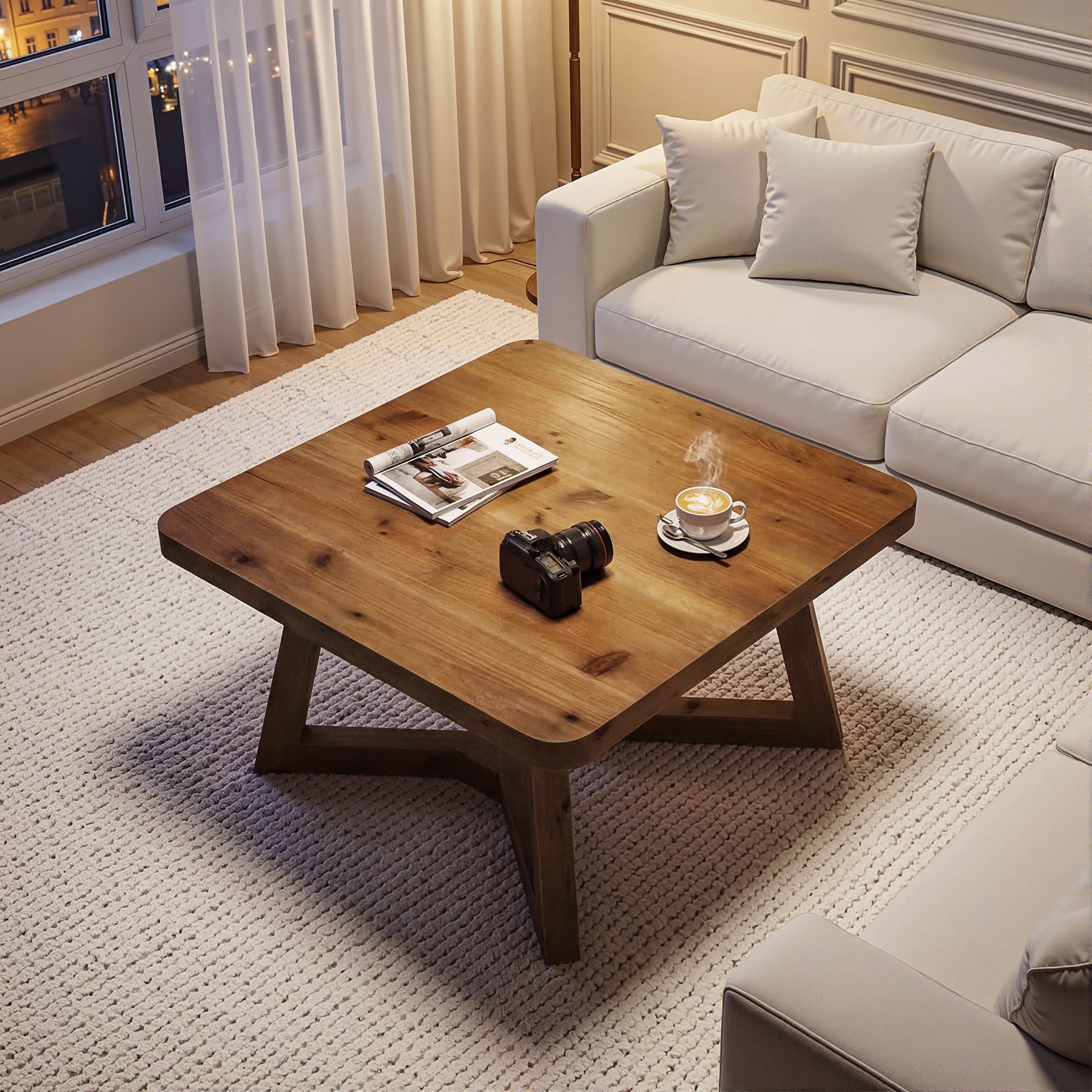 31.5 Inch Solid Wood Square Coffee Table, Farmhouse Center Table with Pedestal for Living Room