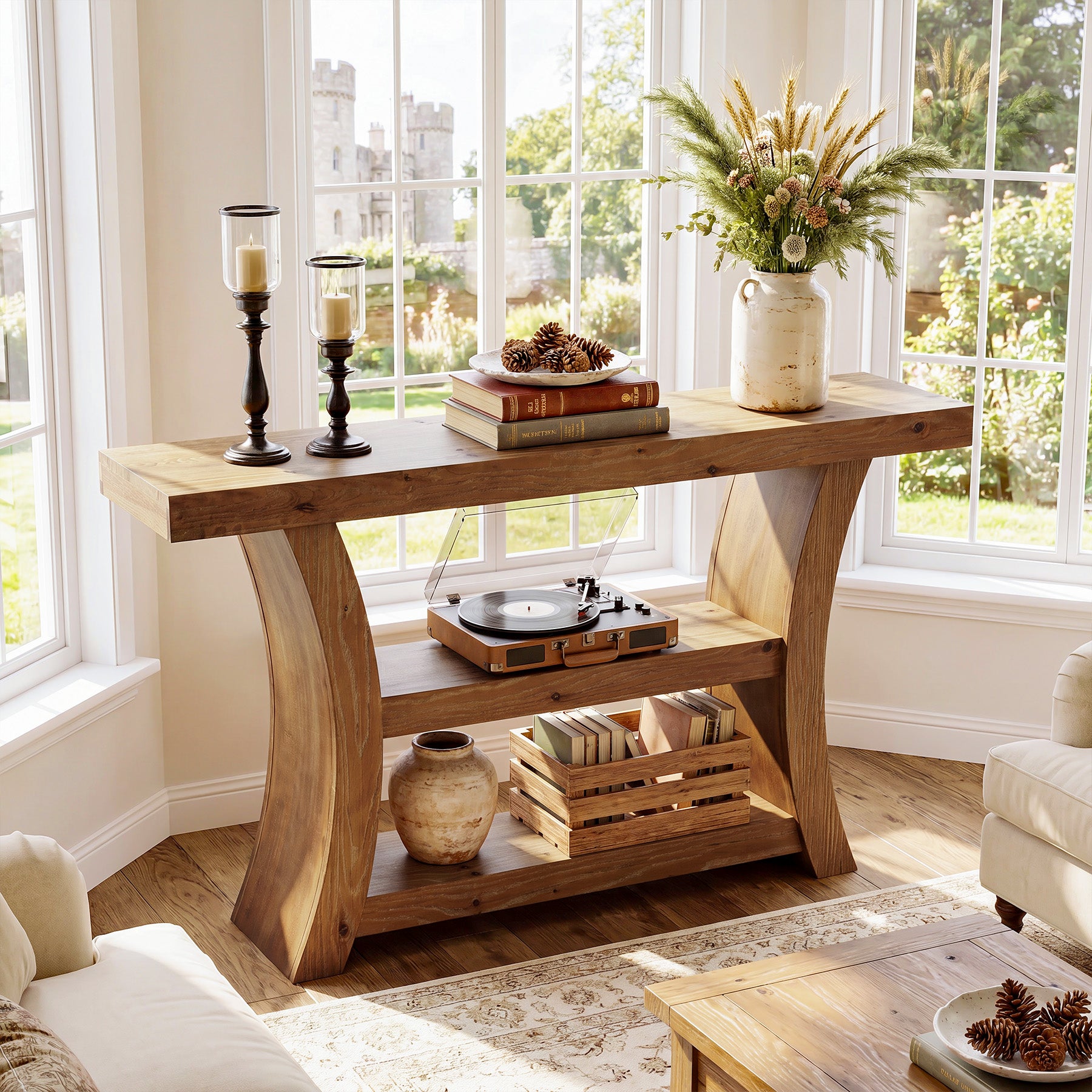 Tribesigns 55-Inch Solid Wood Console Table with 3-Tier Storage, Curved Entryway Table for Hallway