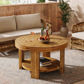 31.5-Inch Round Coffee Table, Farmhouse Solid Wood 2-Tier Storage Accent Table with Boho Design 3