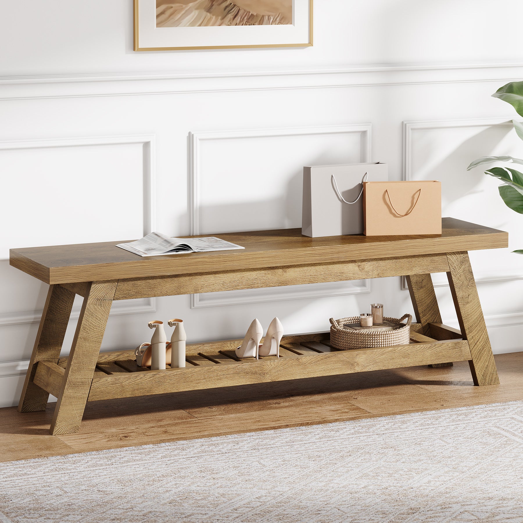 55-Inch Wood Entryway Bench with Shoe Storage, Two-Tier Narrow Hallway Seating Bench for Foyer and Bedroom