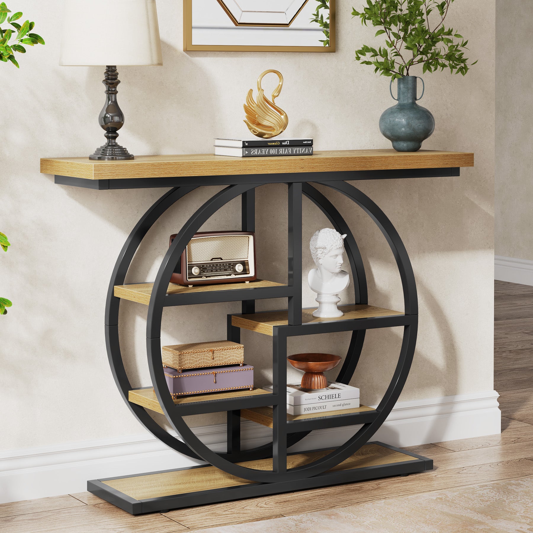 Tribesigns Industrial Console Table - 105cm Narrow 6-Tier Sofa Entryway Table with Circle Base, Storage Shelves