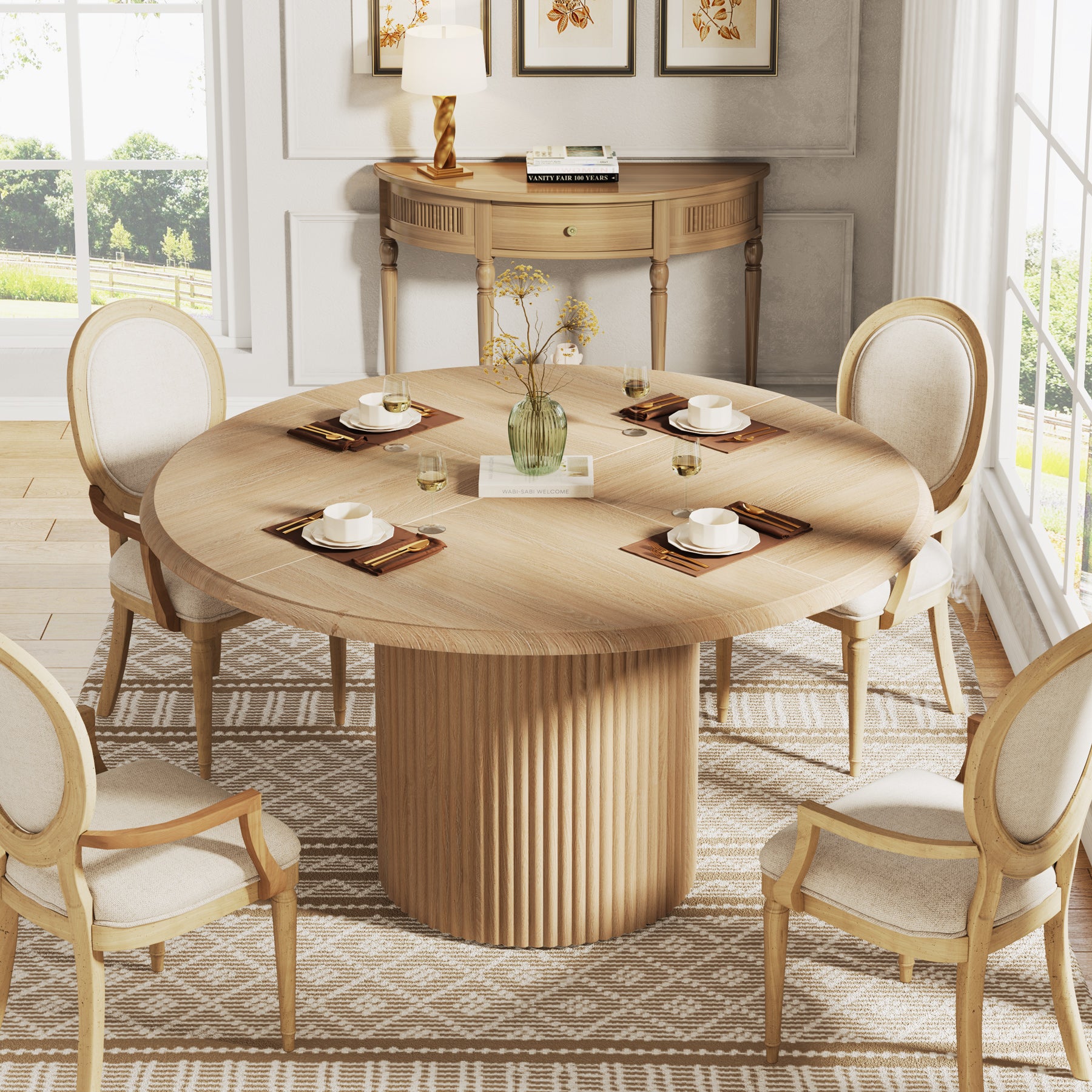 Modern Round Dining Table, 47-Inch 4-Seater with Metal Base