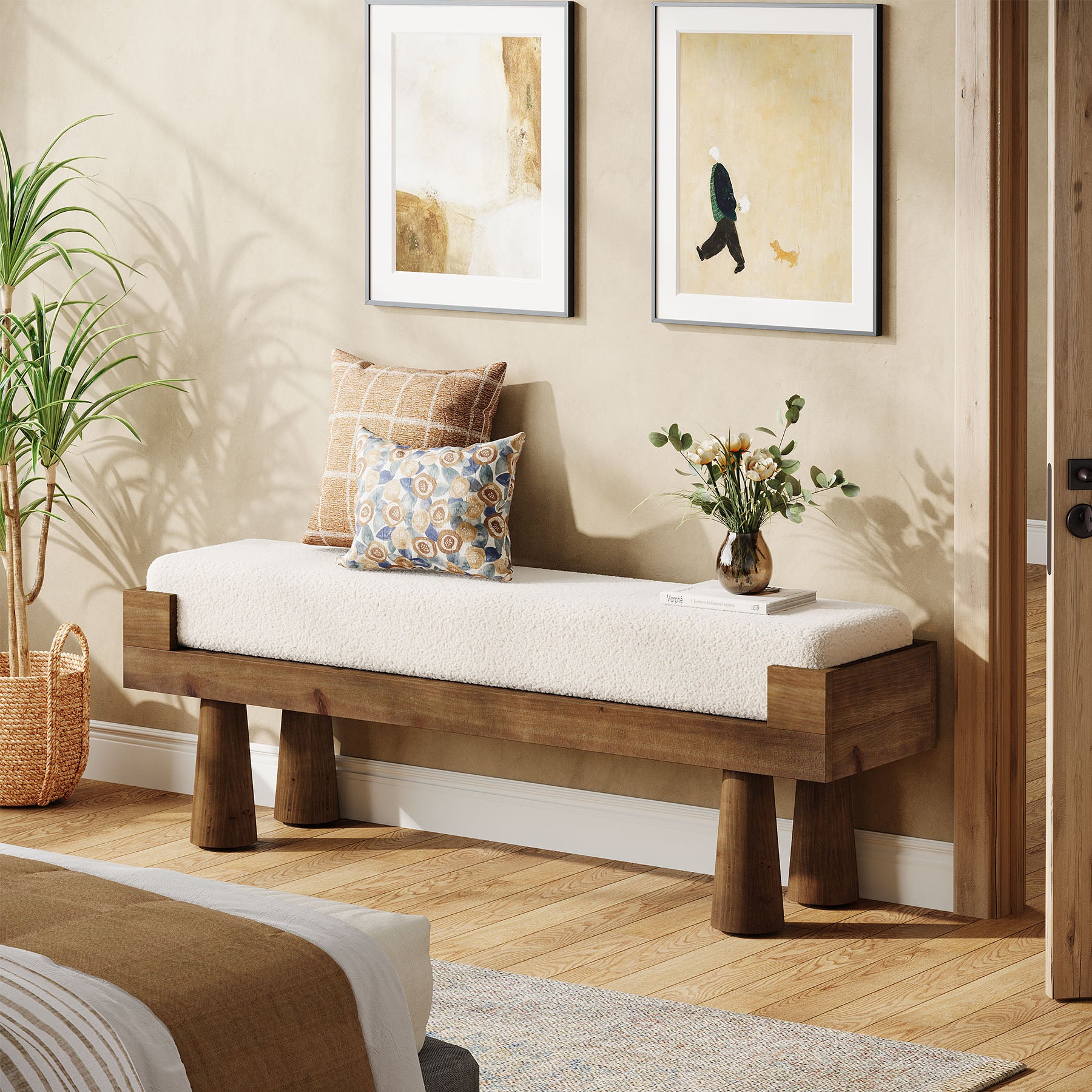 Tribesigns Upholstered Entryway Bench with Solid Wood Legs, Mid-Century Shoe Bench for Bedroom and Living Room