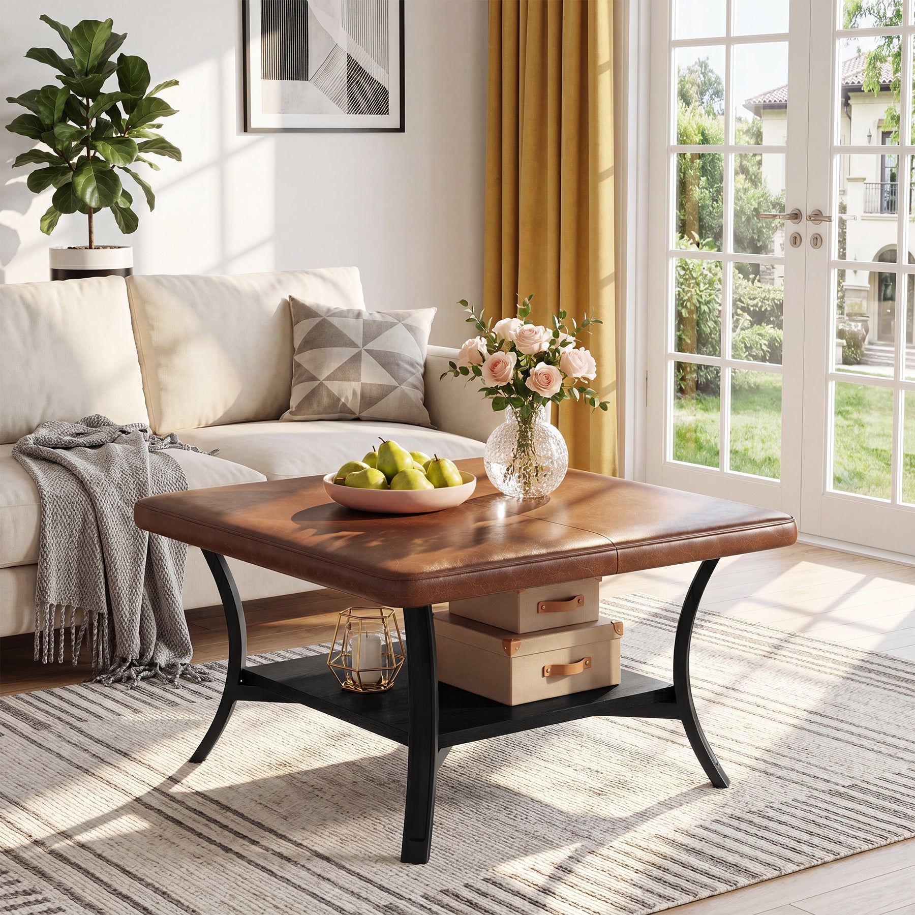 31.5-Inch Square Coffee Table, Upholstered Ottoman with PU Leather Top for Living Room