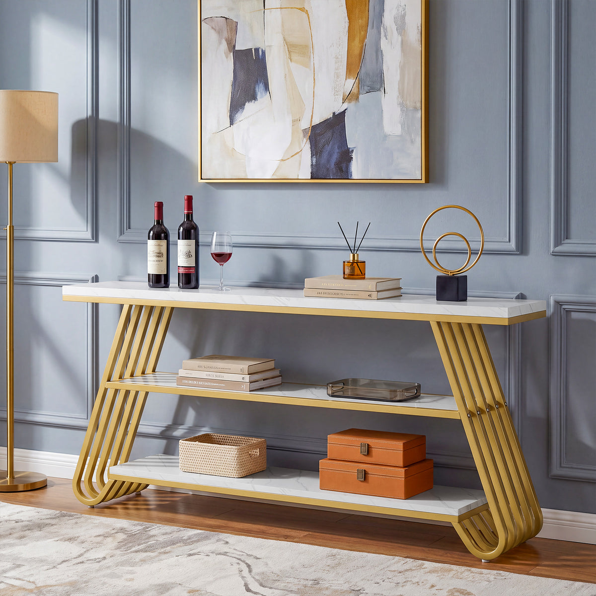 Tribesigns 70.9-Inch Faux Marble Console Table with Storage, Gold Sofa Table for Living Room