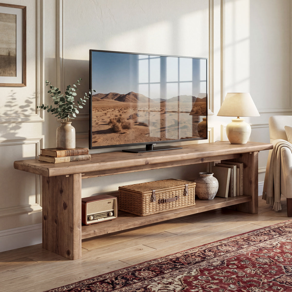 Tribesigns 71 Inch Solid Wood TV Stand with 2-Tier Storage and Farmhouse Design, Media Console for 55-85 Inch TVs