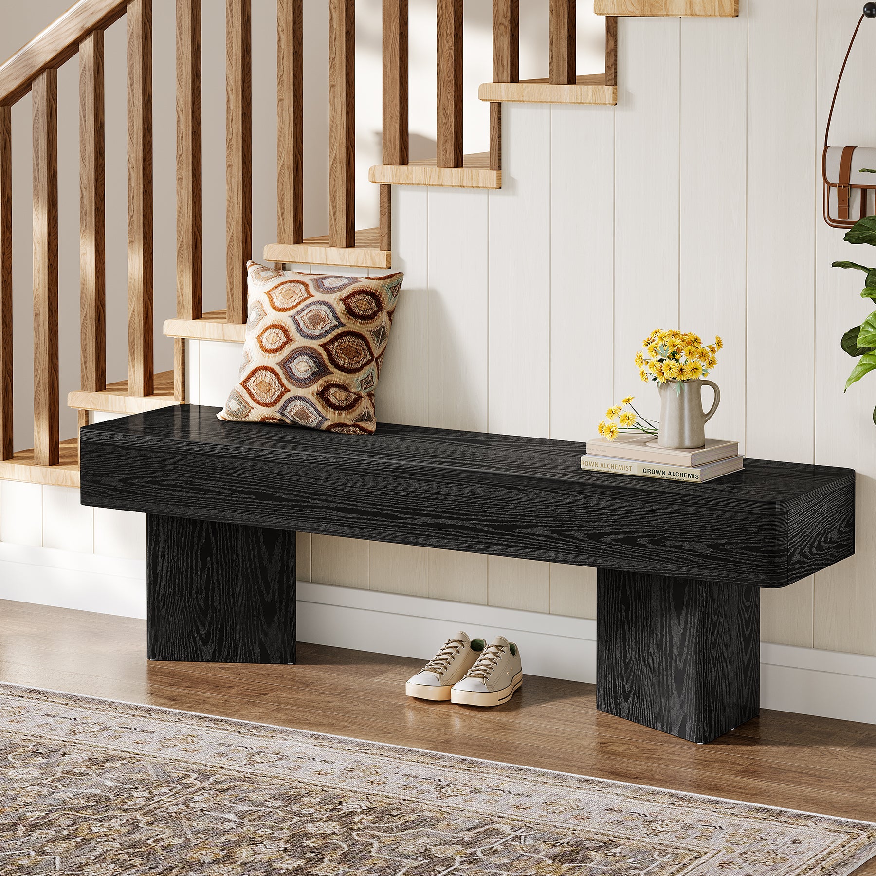 47.24-Inch Modern Indoor Bench with Black Finish and Rounded Edges，Modern Wooden Bench for Entryway