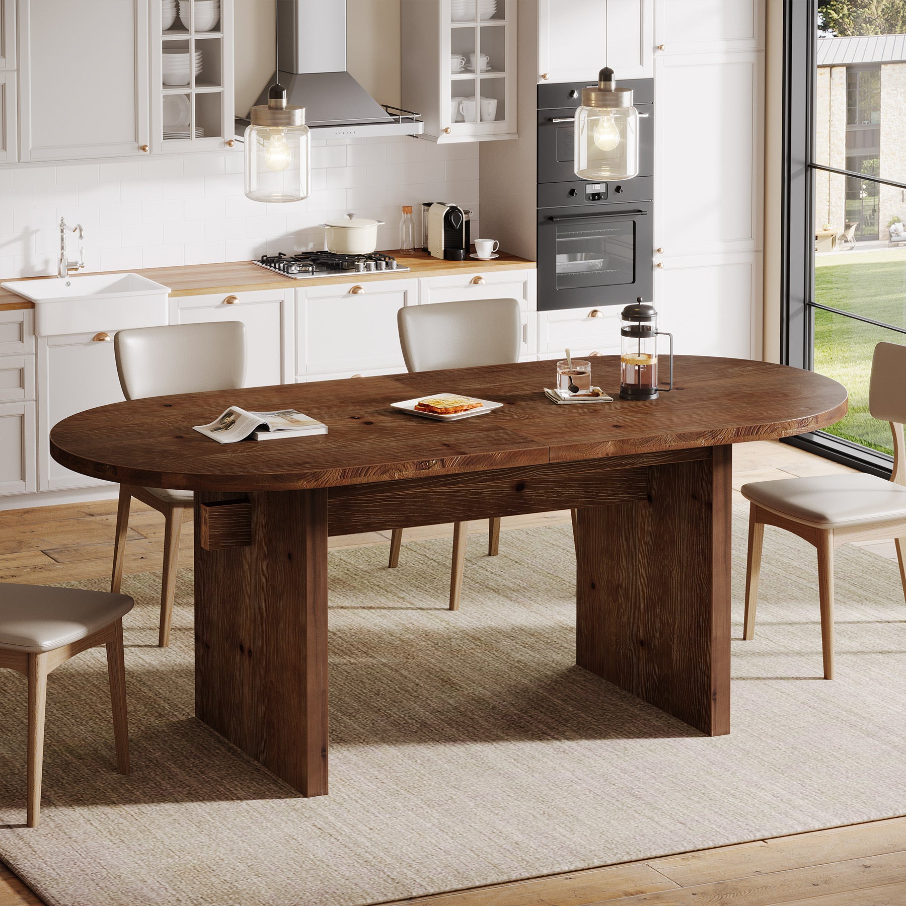 63-Inch Solid Wood Oval Dining Table for 4 to 6 People with Double Pedestal Base, Farmhouse Kitchen Table for Dining Room and Home Kitchen
