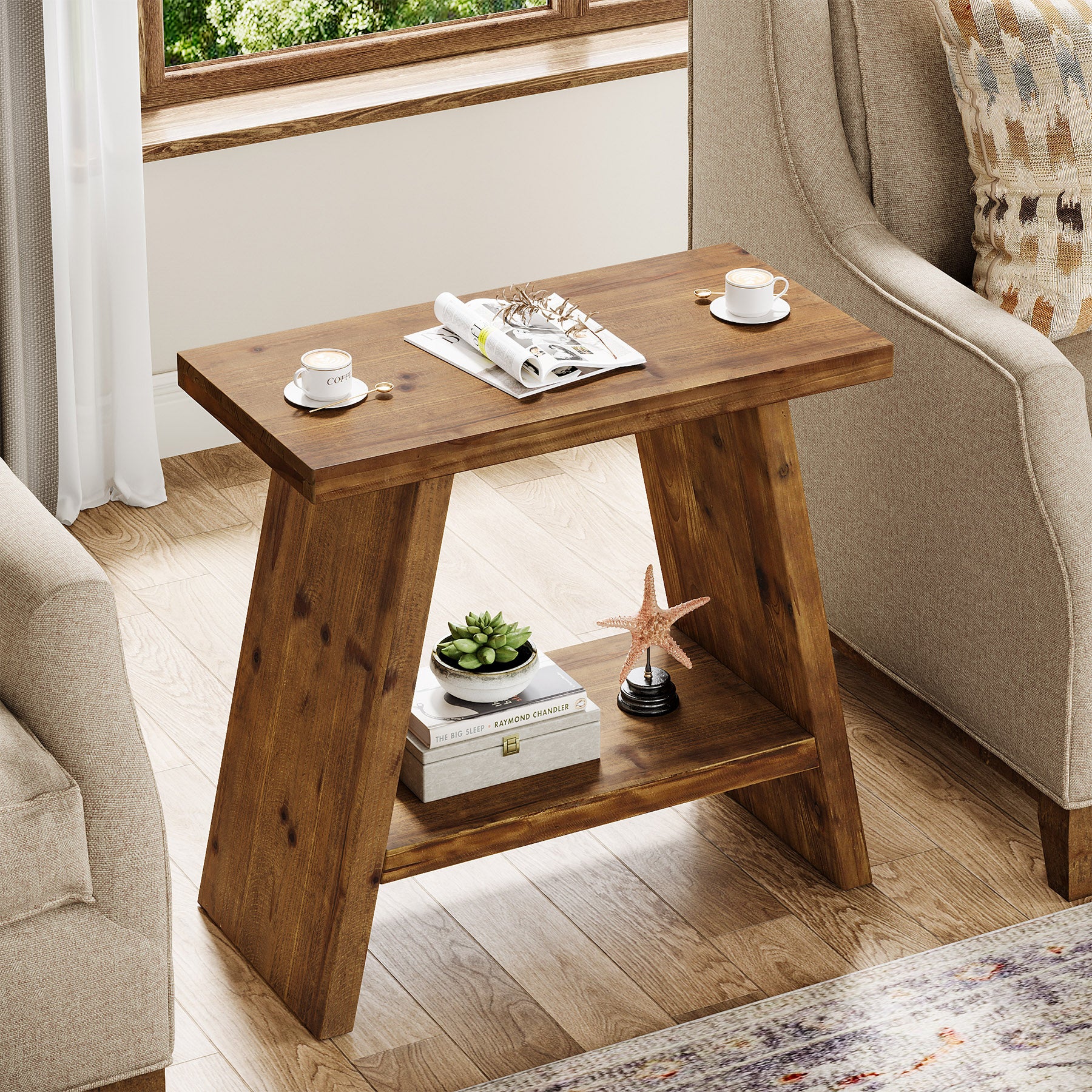 Tribesigns 23.62" Solid Wood End Table, 2-Tier Nightstand for Living Room and Bedroom