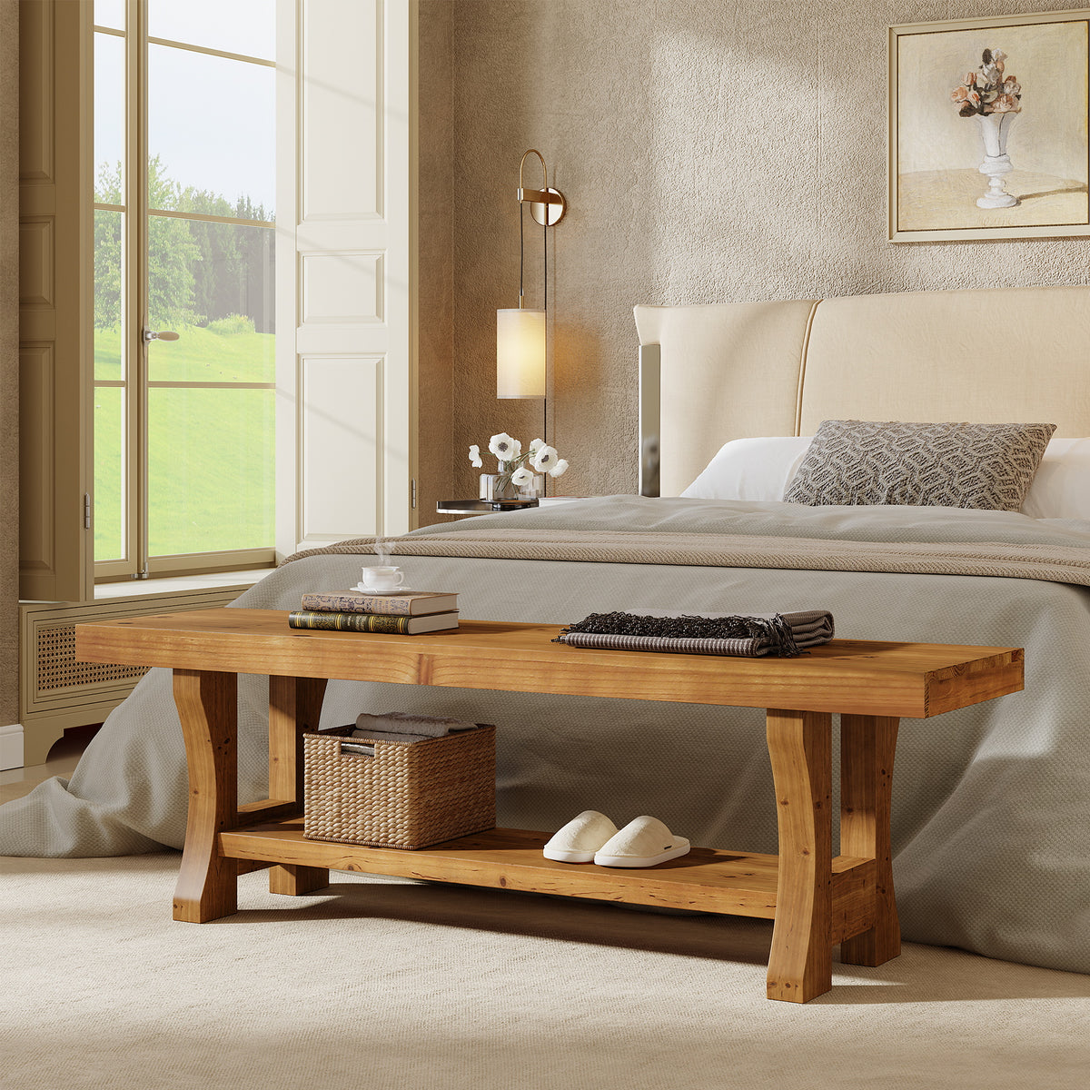 55.1 Inch Solid Wood Hallway Bench with Storage Shelf, Farmhouse Shoe Bench for Entryway