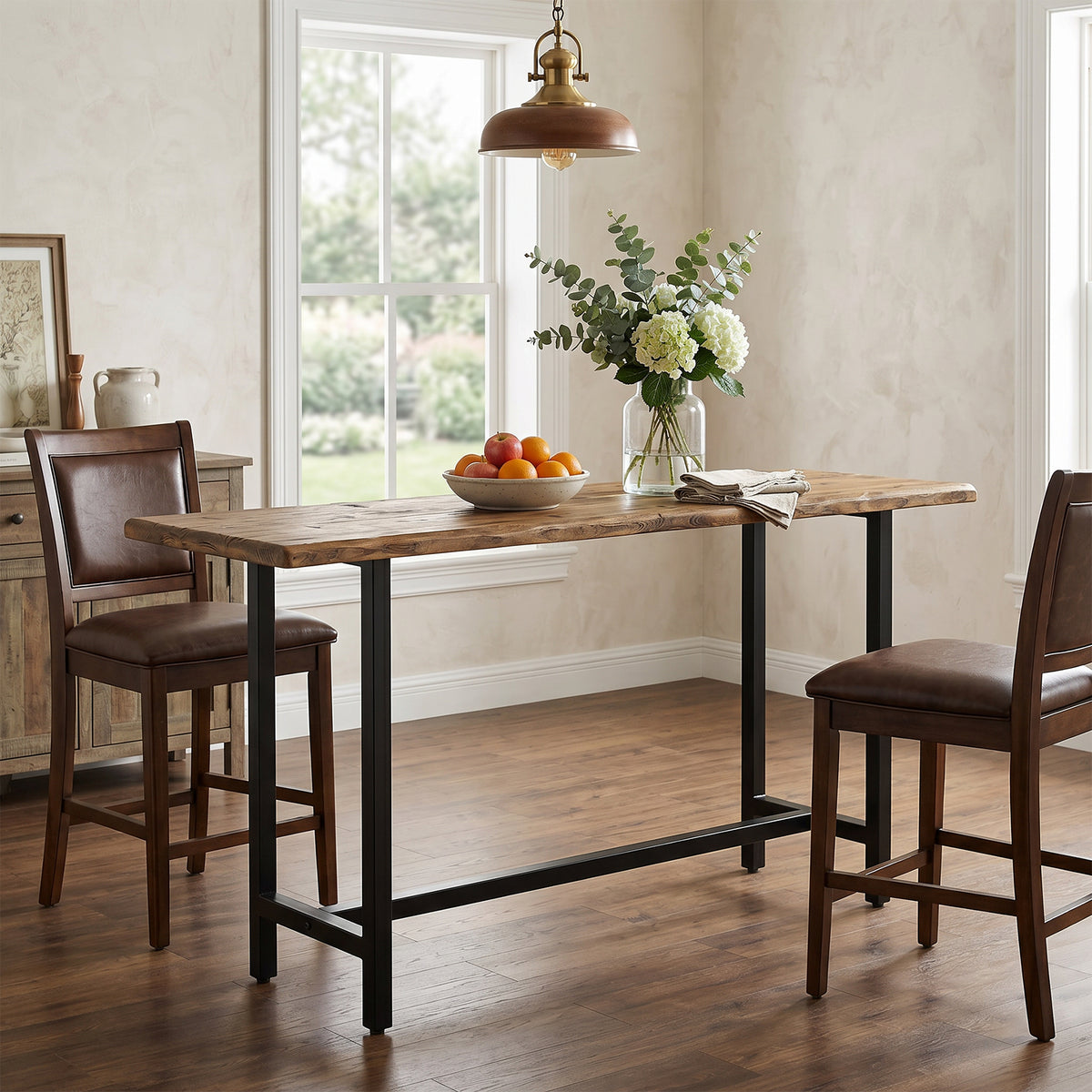 63 Inch Solid Wood Bar Table with Metal Footrest, Counter Height Dining Table for Home and Office