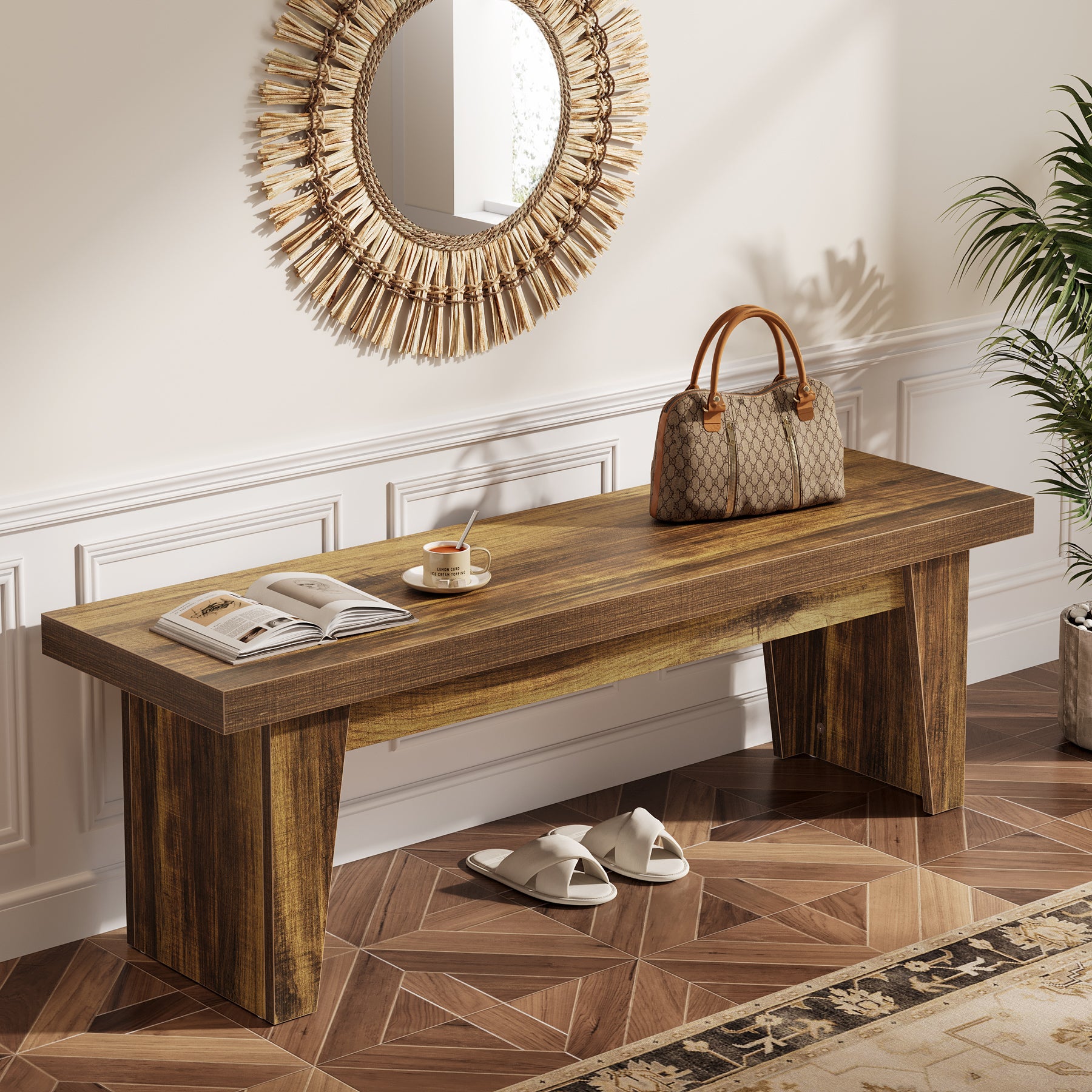 Tribesigns 55.12-Inch Wooden Entryway Bench, Farmhouse Long Bench with Storage Space