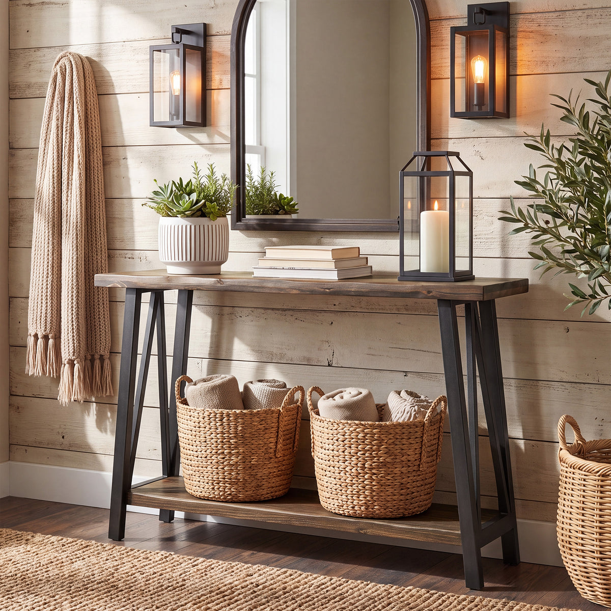 Tribesigns 41.3" Live Edge Solid Wood Console Table with 2-Tier Storage, Industrial Sofa Table for Hallway