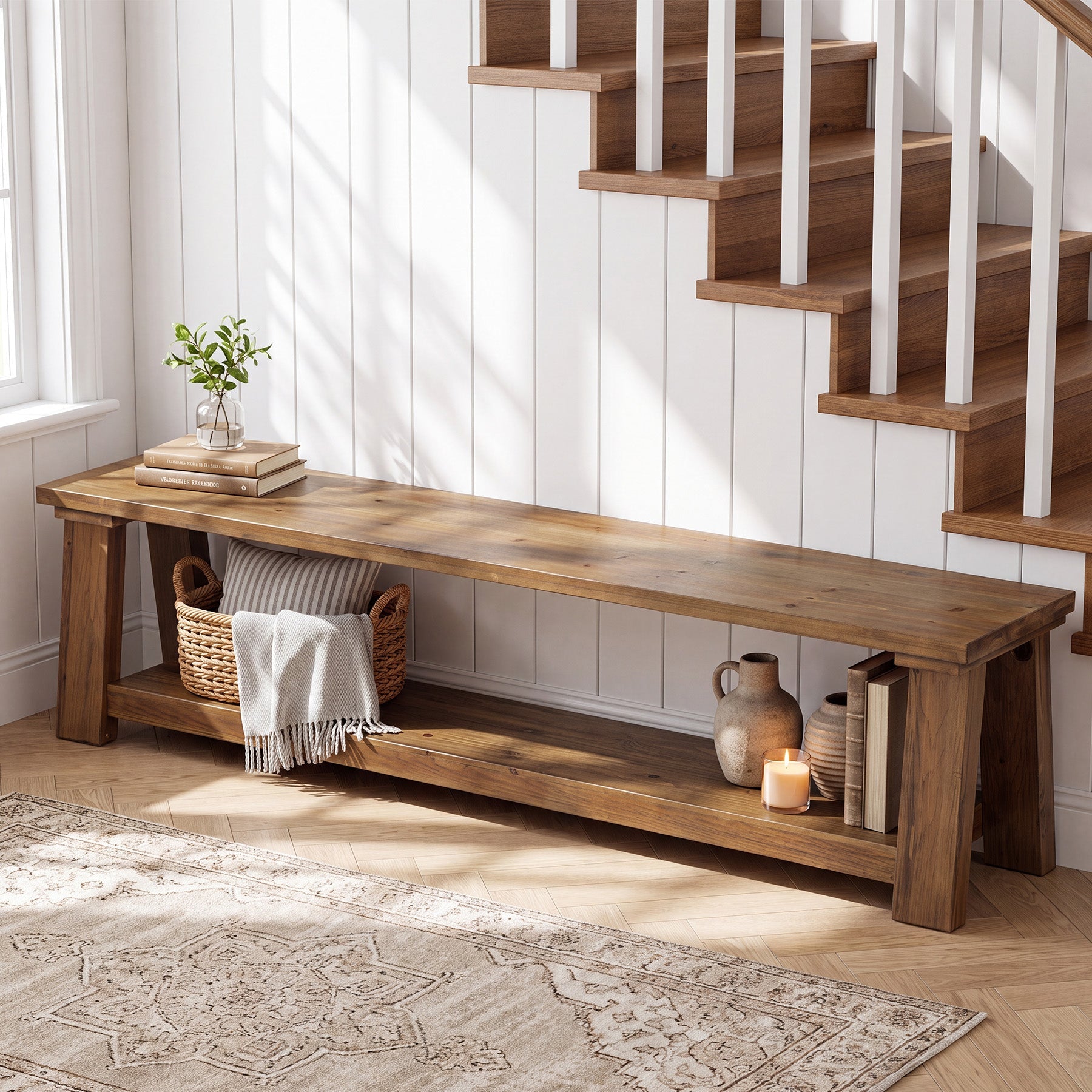 70.9-Inch Solid Wood Shoe Bench with Storage Shelf, Farmhouse Entryway Seat for Hallway