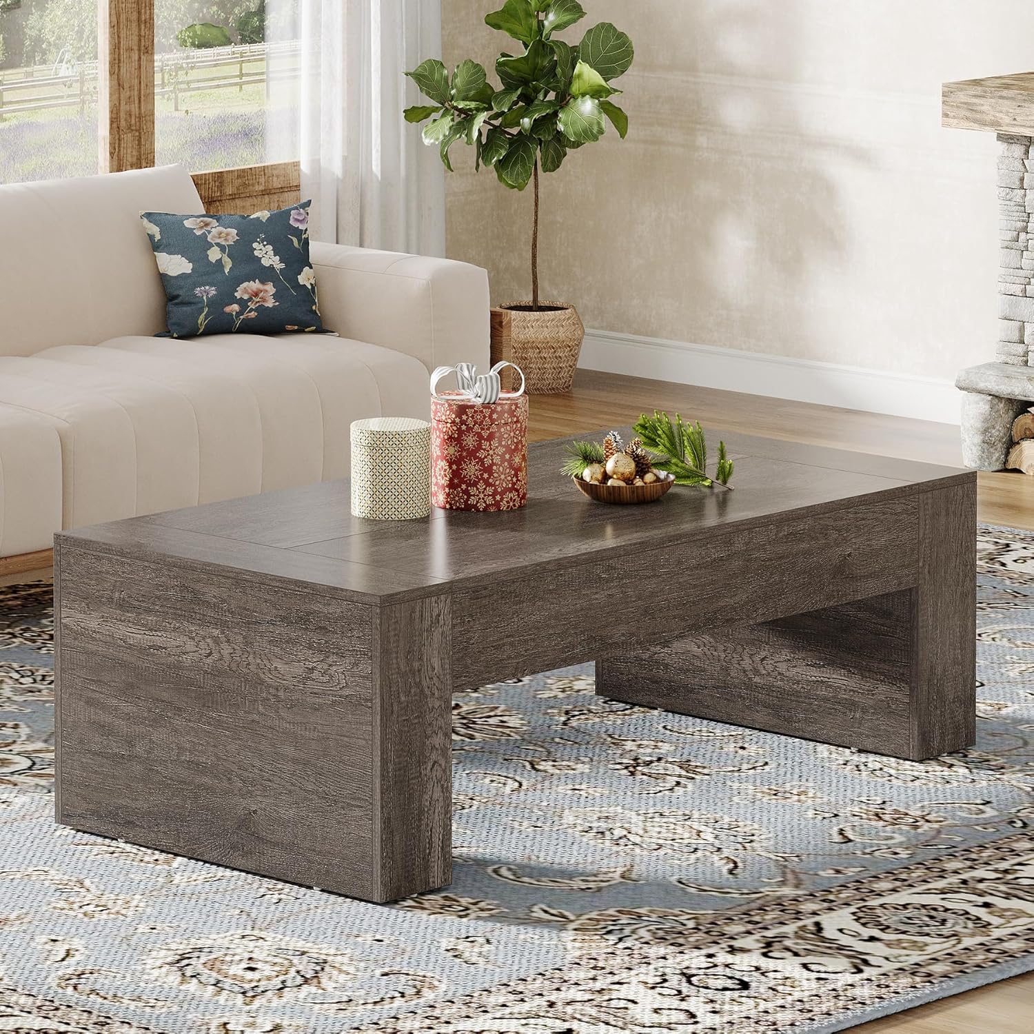 51" Farmhouse Rectangular Coffee Table - Rustic Taupe Cocktail Table with Sturdy Base