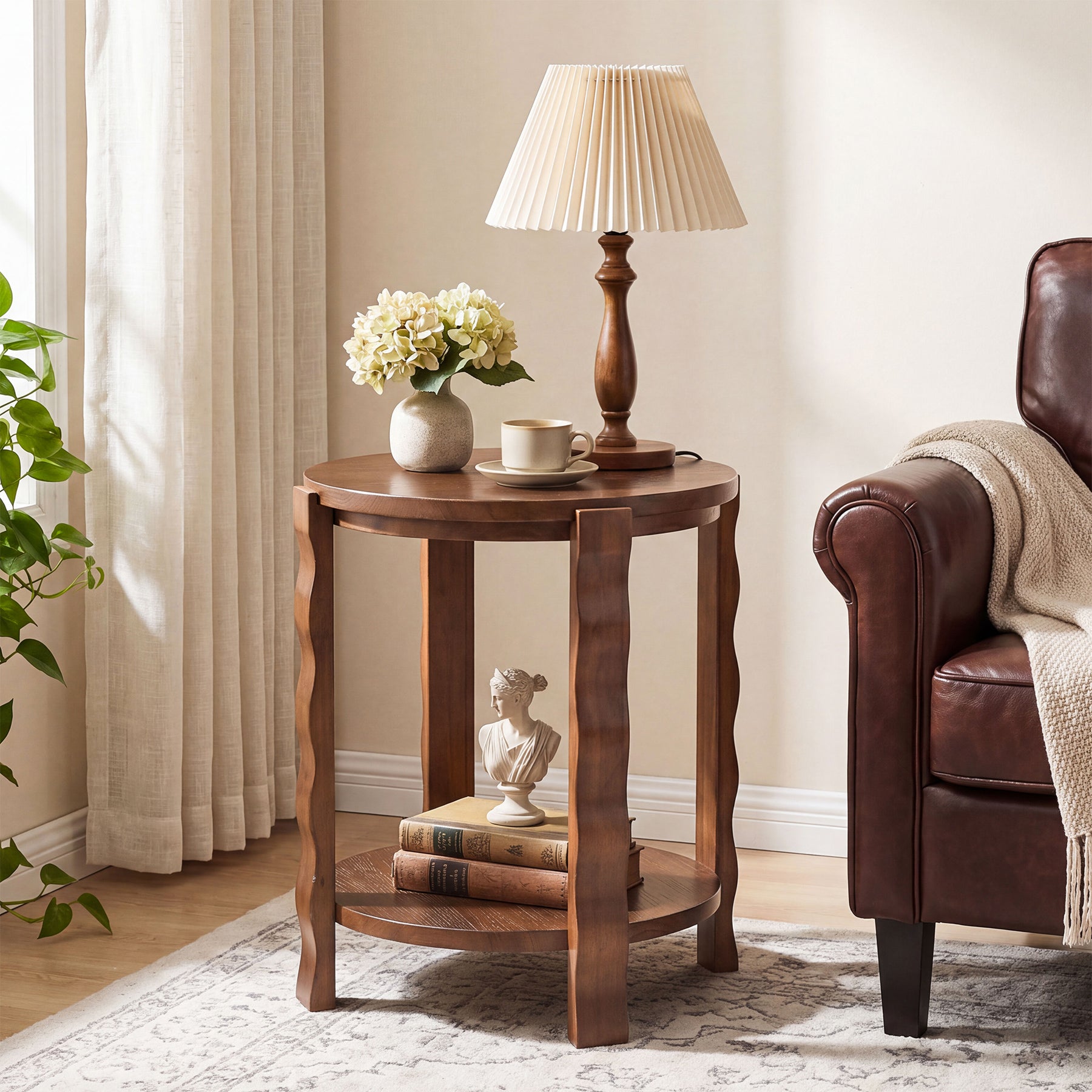Tribesigns 19.69-Inch Round Side Table with 2-Tier Storage, Solid Wood End Table for Living Room