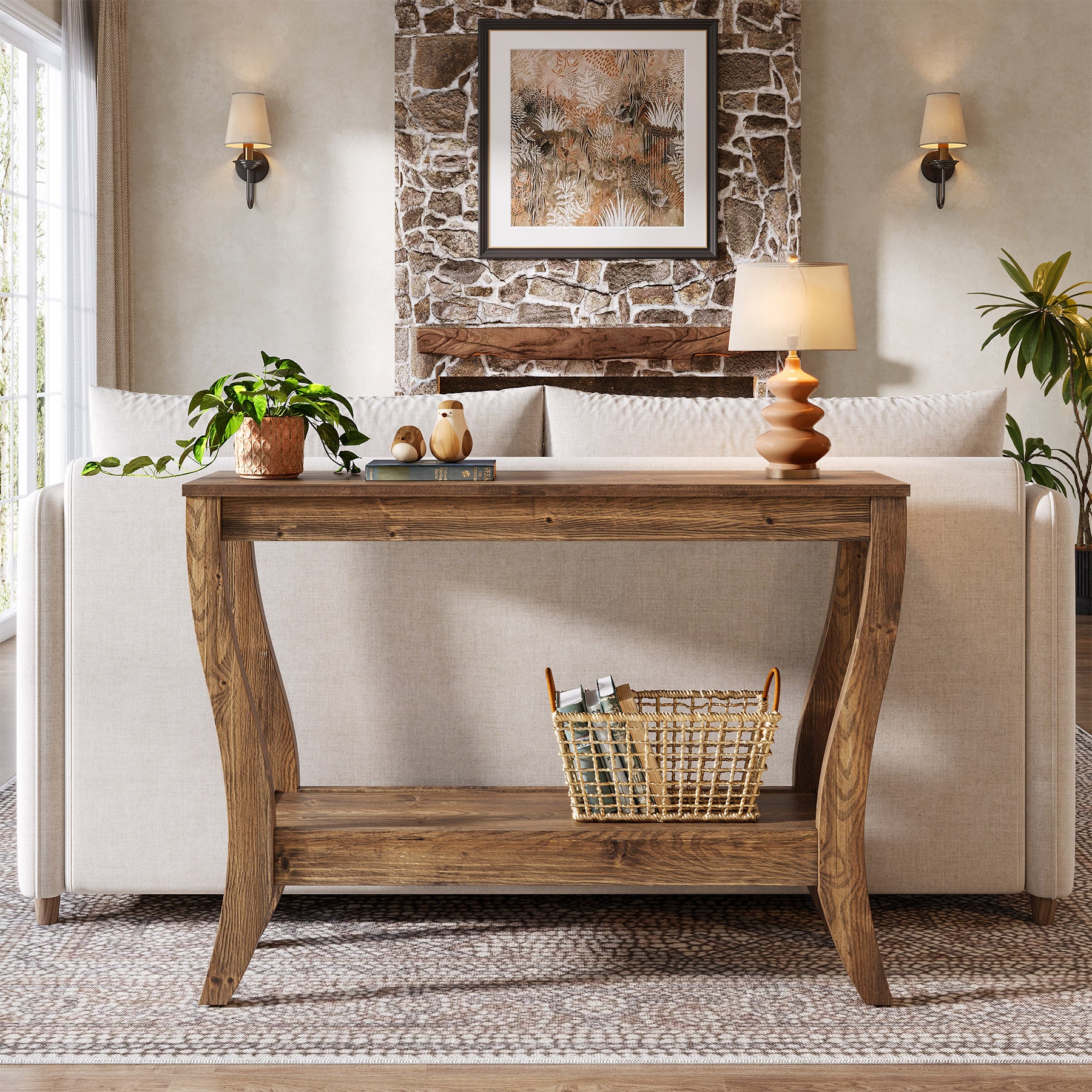 41.3-Inch Solid Wood Console Table with Storage Shelf, Farmhouse 2-Tier Entryway and Sofa Table for Living Room and Hallway