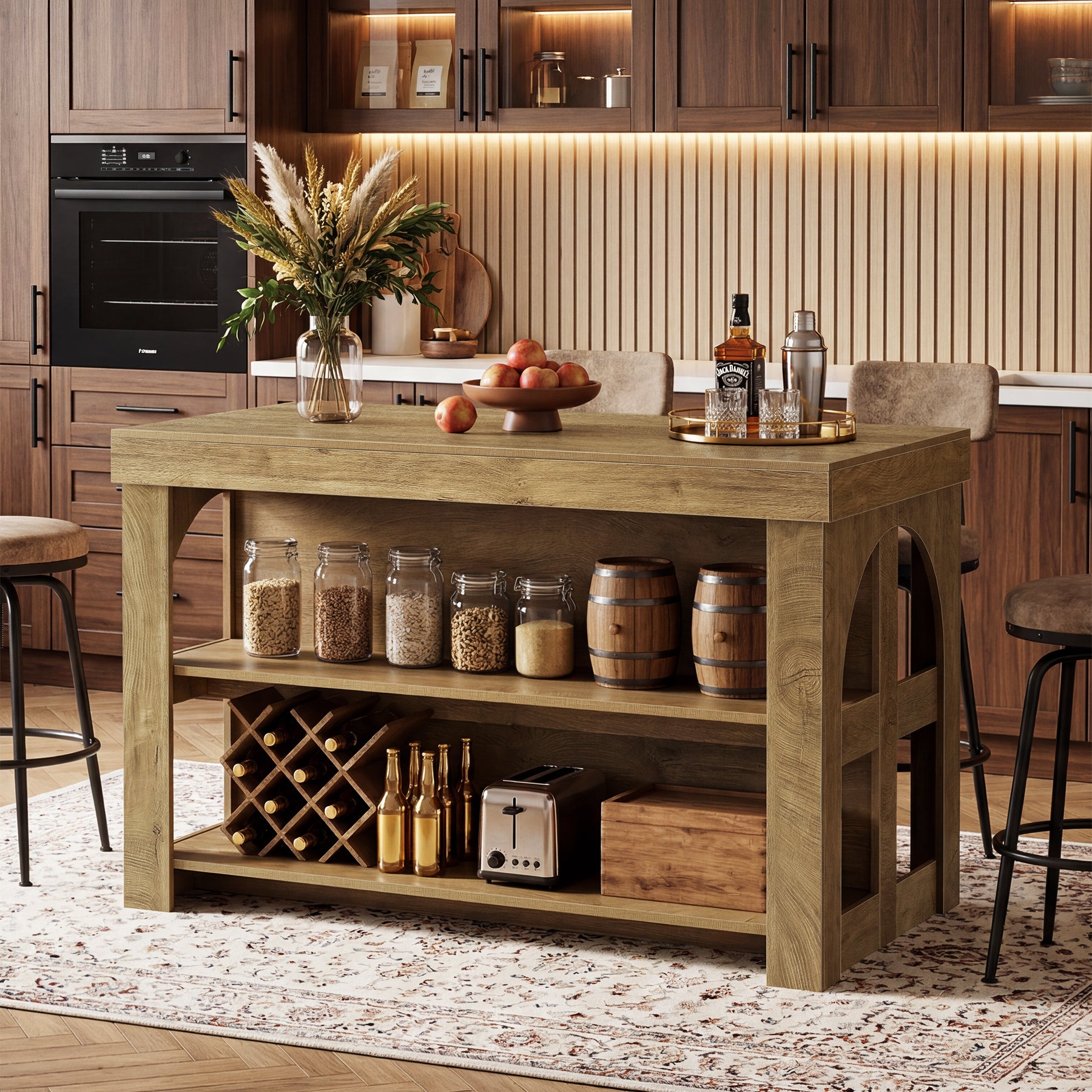 Tribesigns Solid Wood Kitchen Island Table with Storage Shelves, Farmhouse Counter Height Island