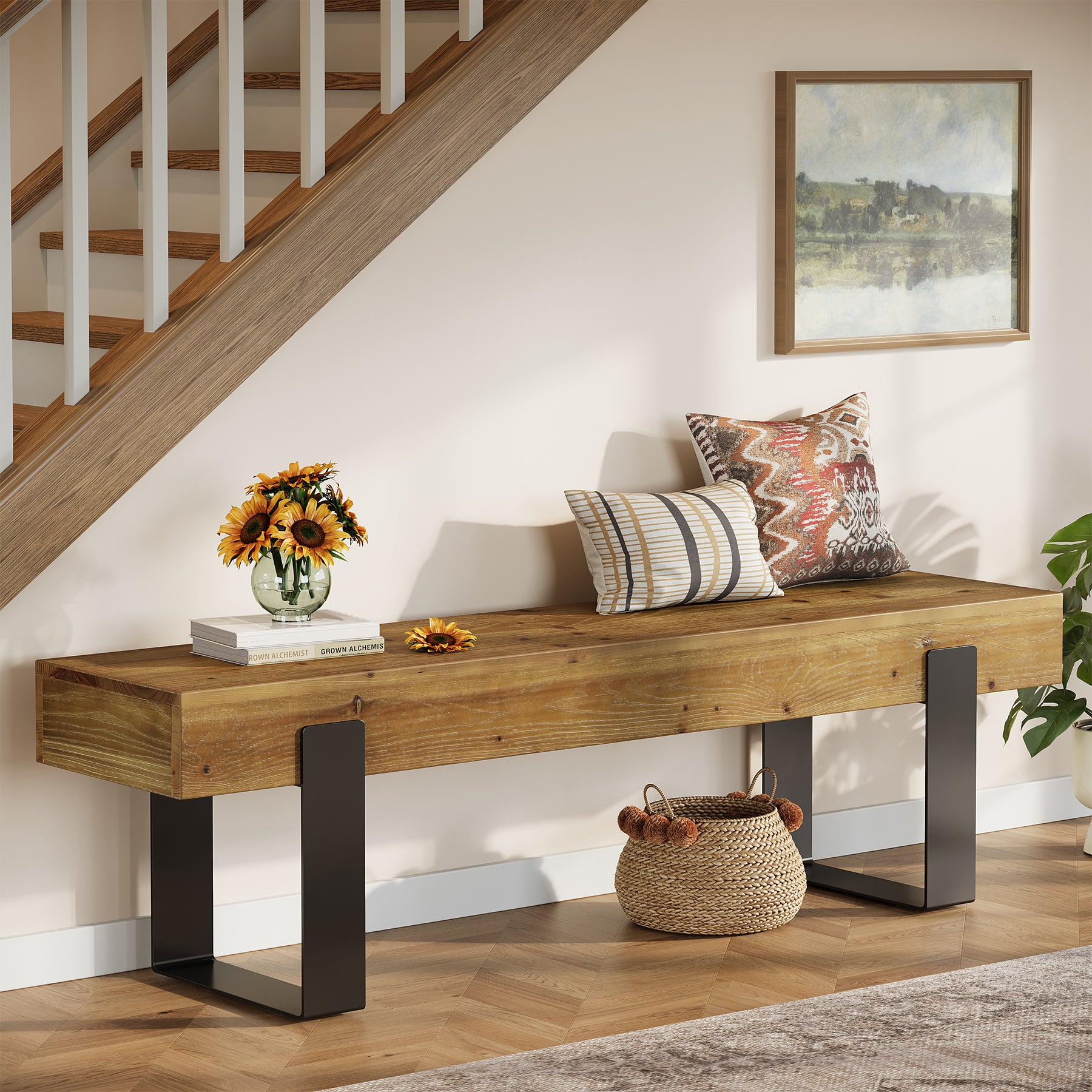 Tribesigns 63-Inch Solid Wood Entryway Bench, Farmhouse Shoe Bench with Metal Legs for Hallway
