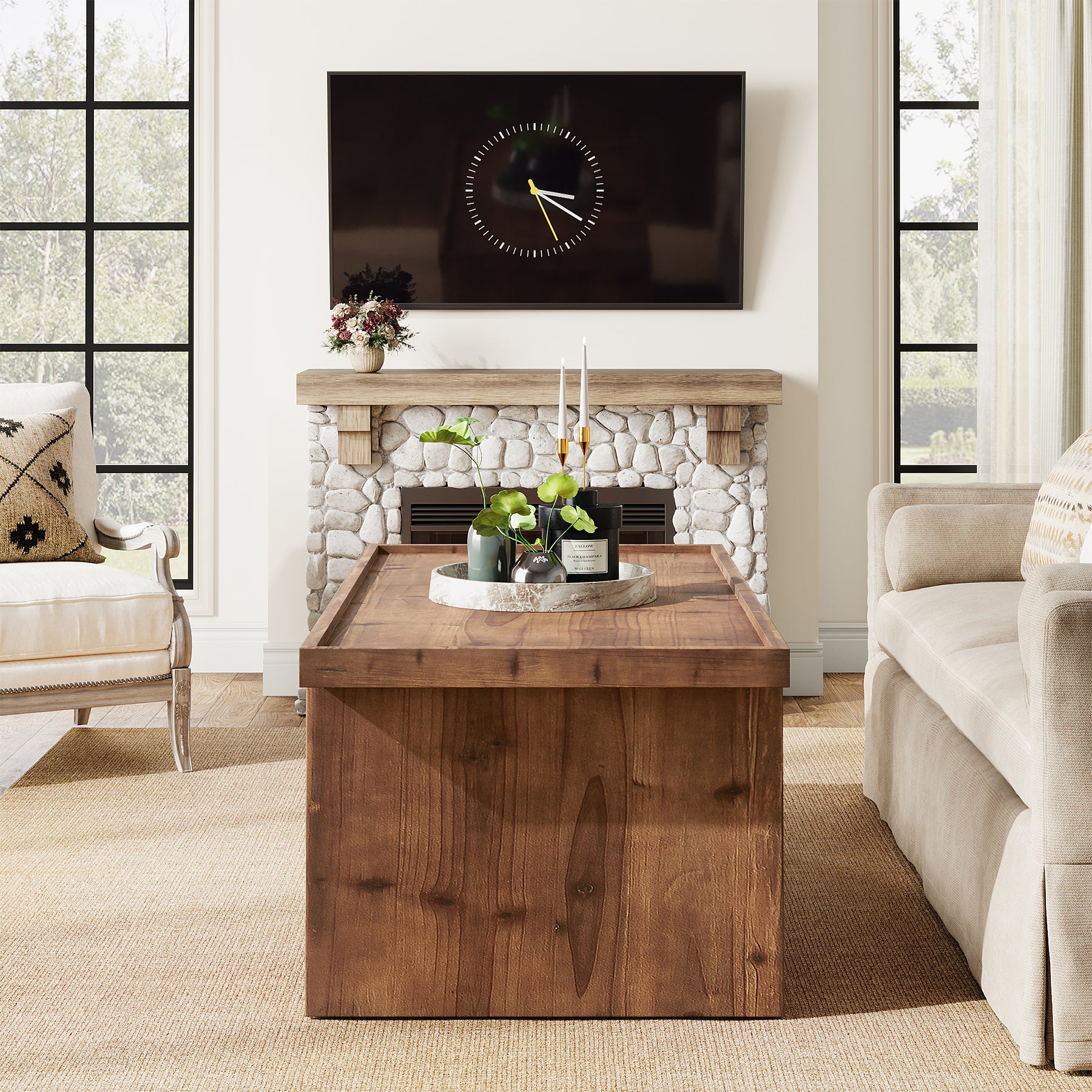 47.24"  Solid Wood Coffee Table with Raised Edge, Rustic Farmhouse 2 Tier Center Table