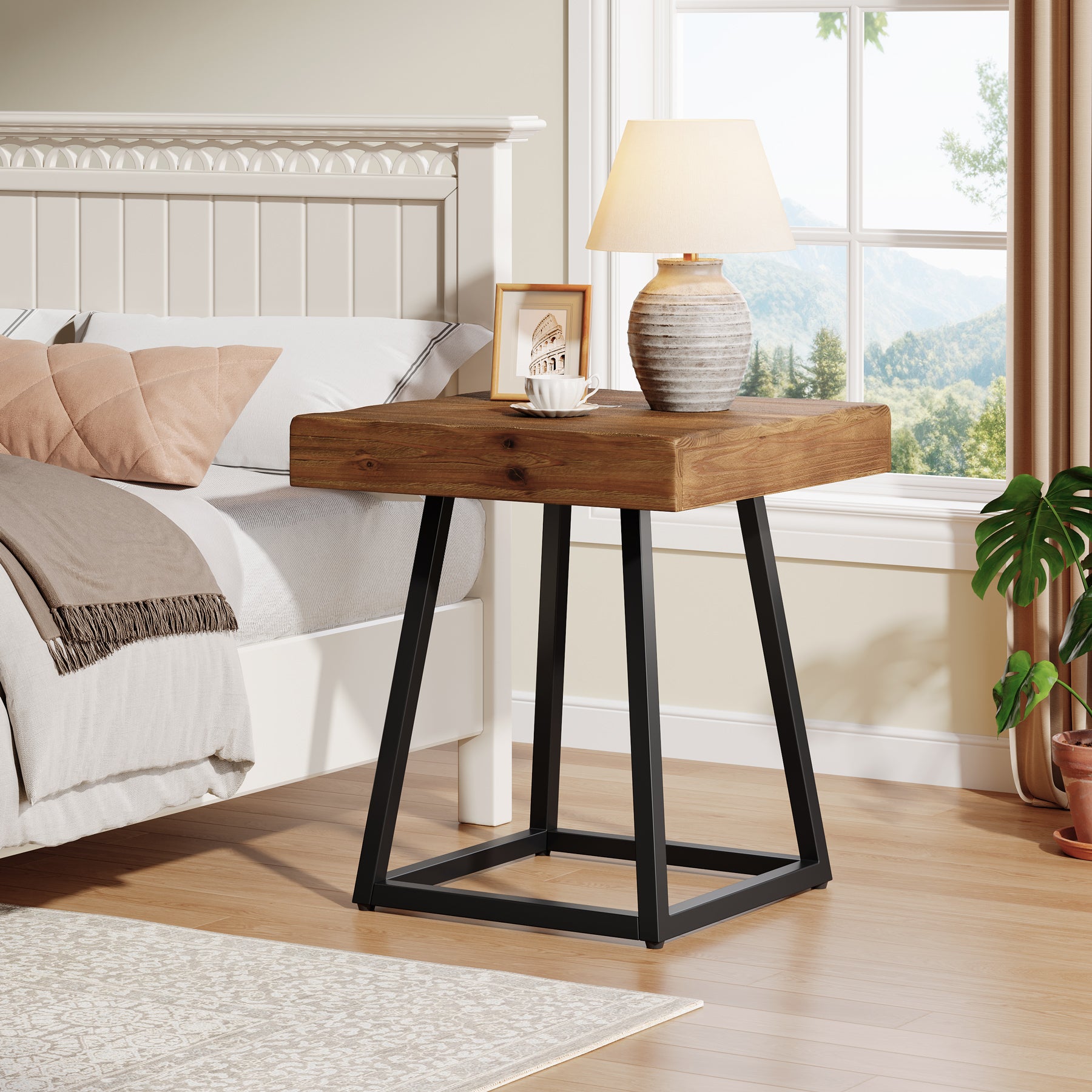 19.7 Inch Solid Wood Nightstand with Metal Frame, Industrial Square Bedside Table