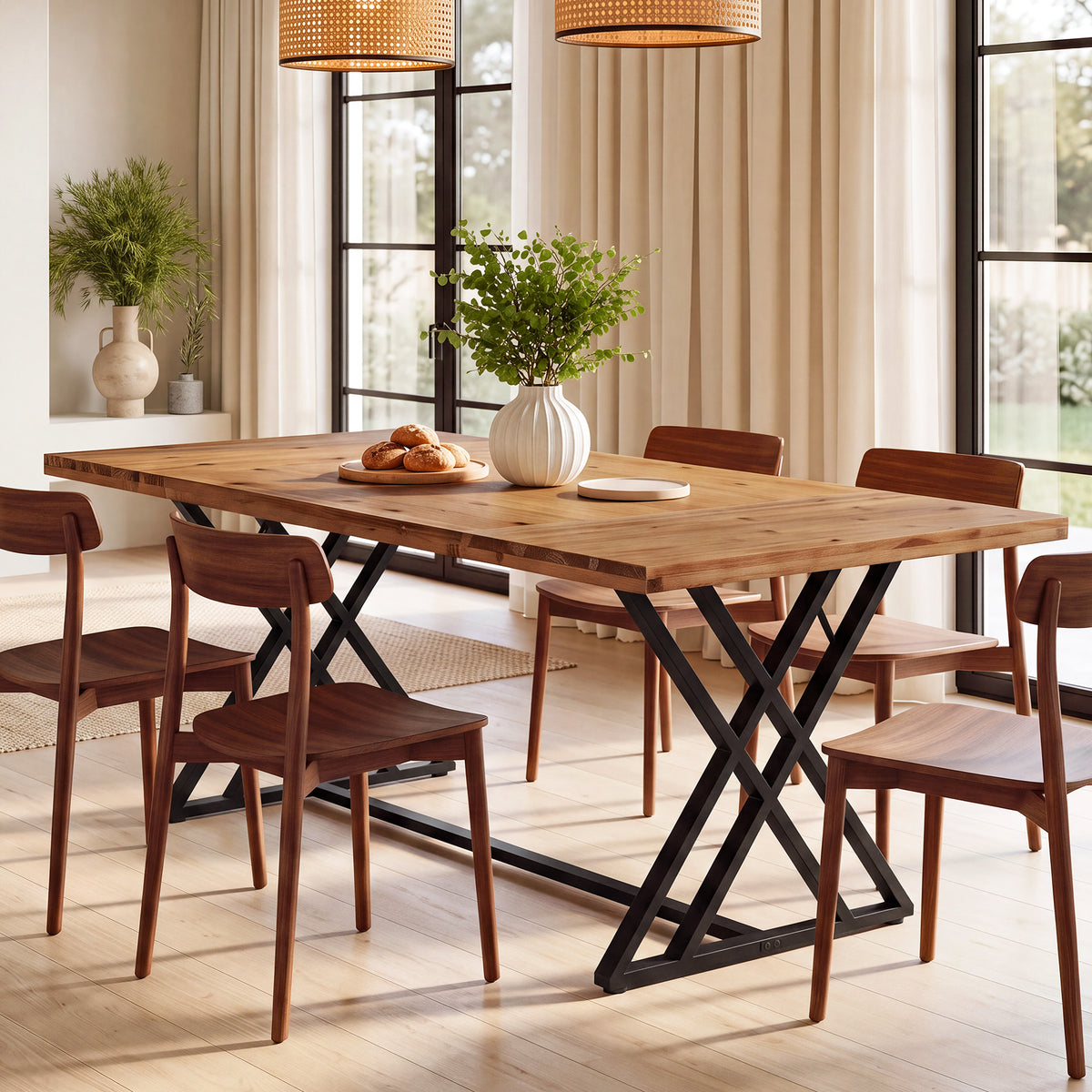 Tribesigns 63 Inch Solid Wood Dining Table with X-Shaped Metal Legs, Farmhouse Kitchen Table