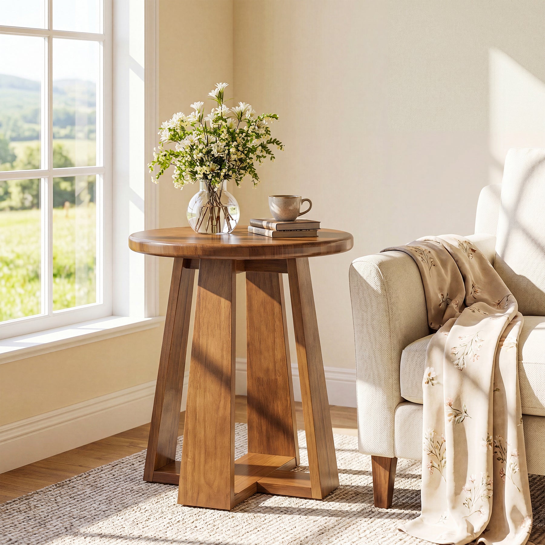 19.69 Inch Solid Wood Round End Table with Geometric Legs, Side Table for Living Room