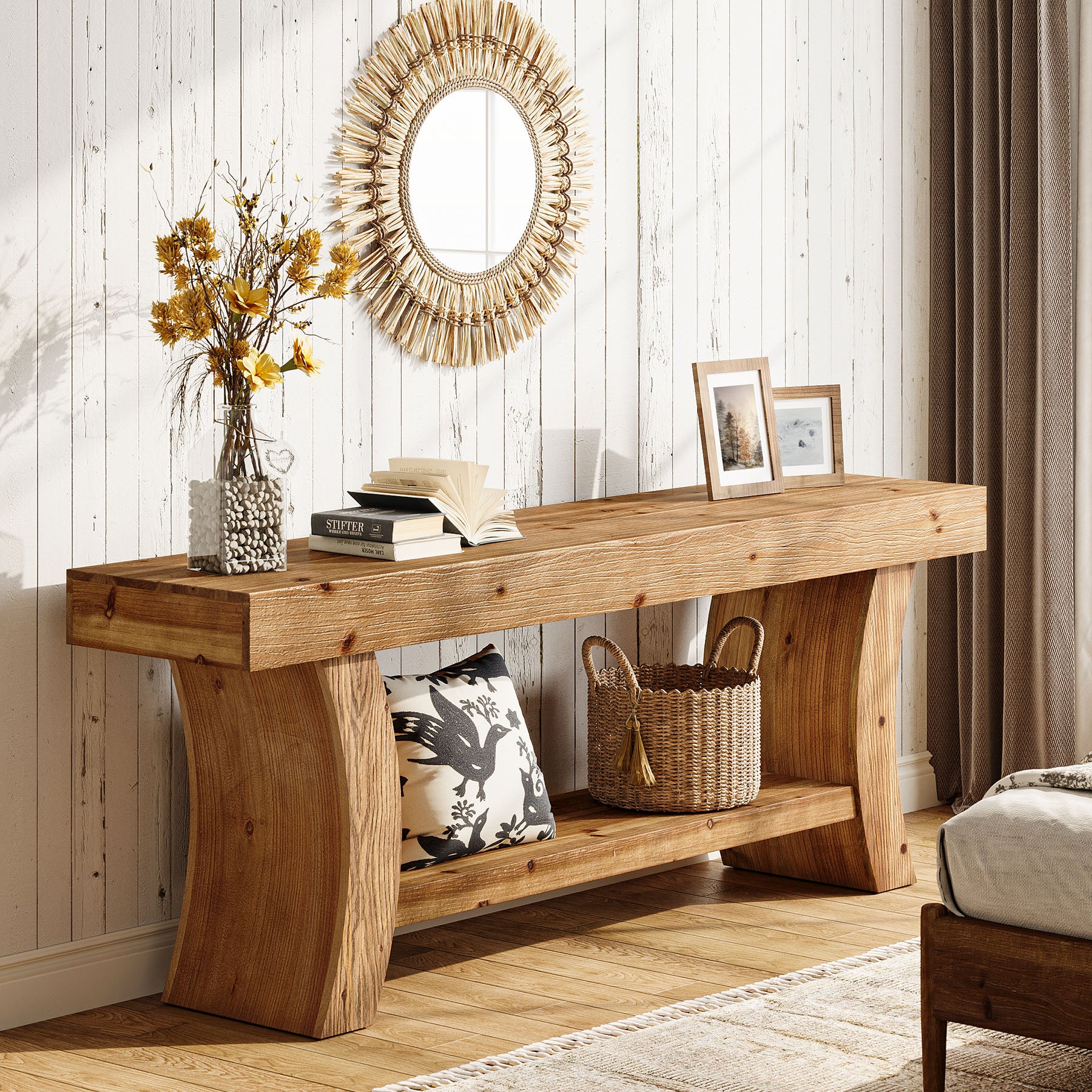 Tribesigns 63-Inch Solid Wood Console Table with Curved Legs and Storage Shelf, Farmhouse Sofa Table for Entryway Living Room and Behind Couch