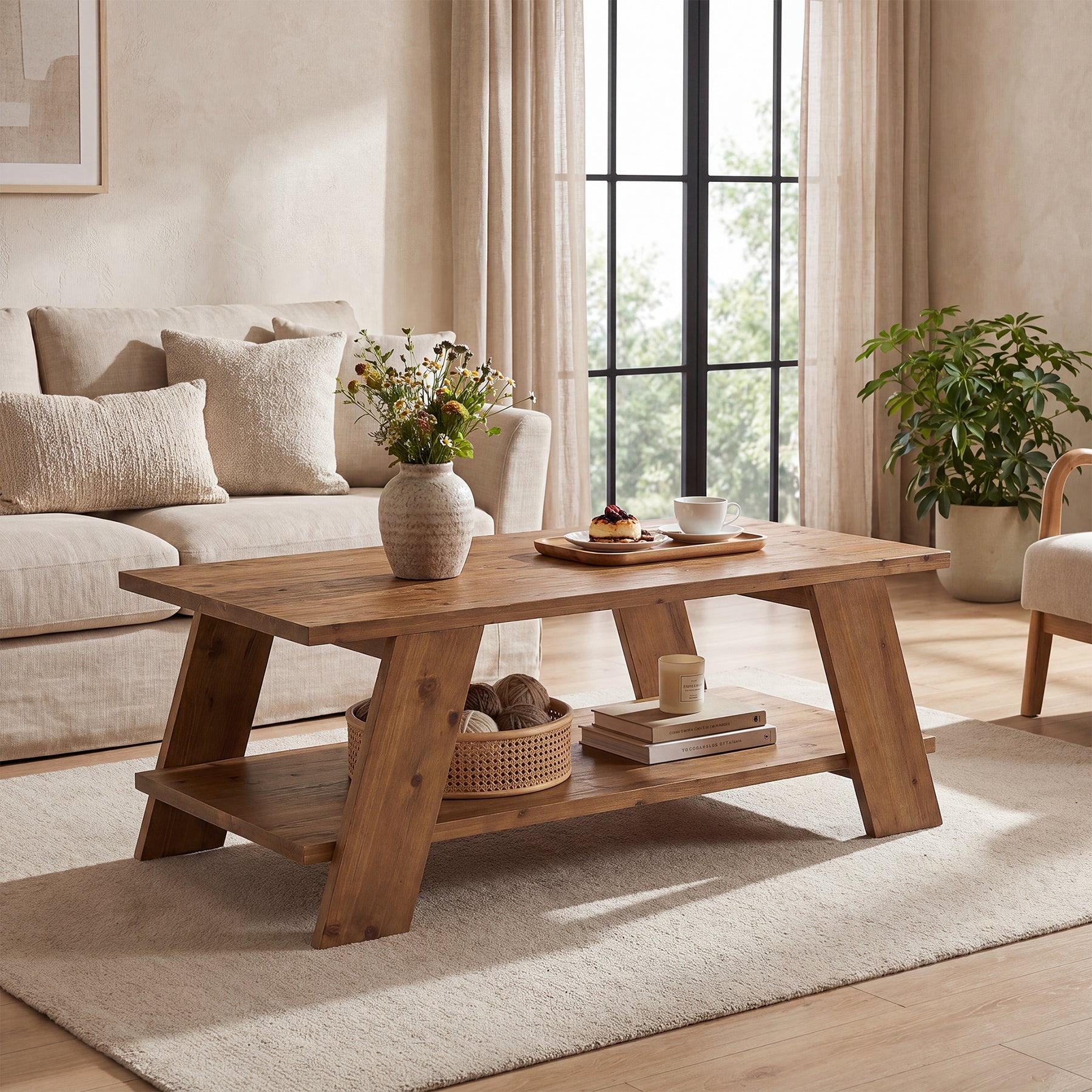 47-Inch Solid Wood Coffee Table with 2-Tier Storage, Farmhouse Rectangle Centre Table for Living Room