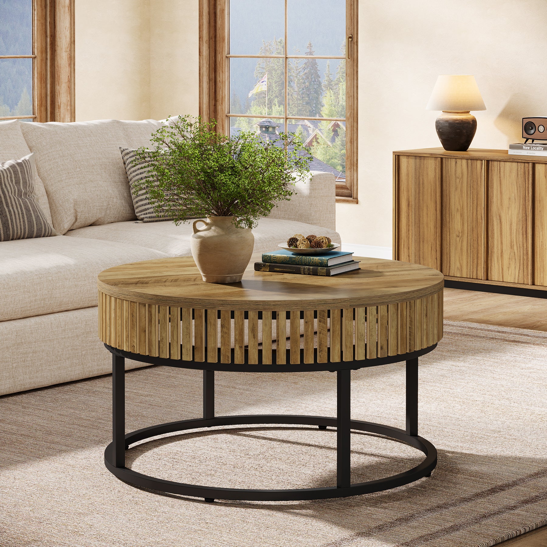 Tribesigns 31.5-Inch Round Coffee Table, Farmhouse Cocktail Table with Black Metal Legs for Living Room