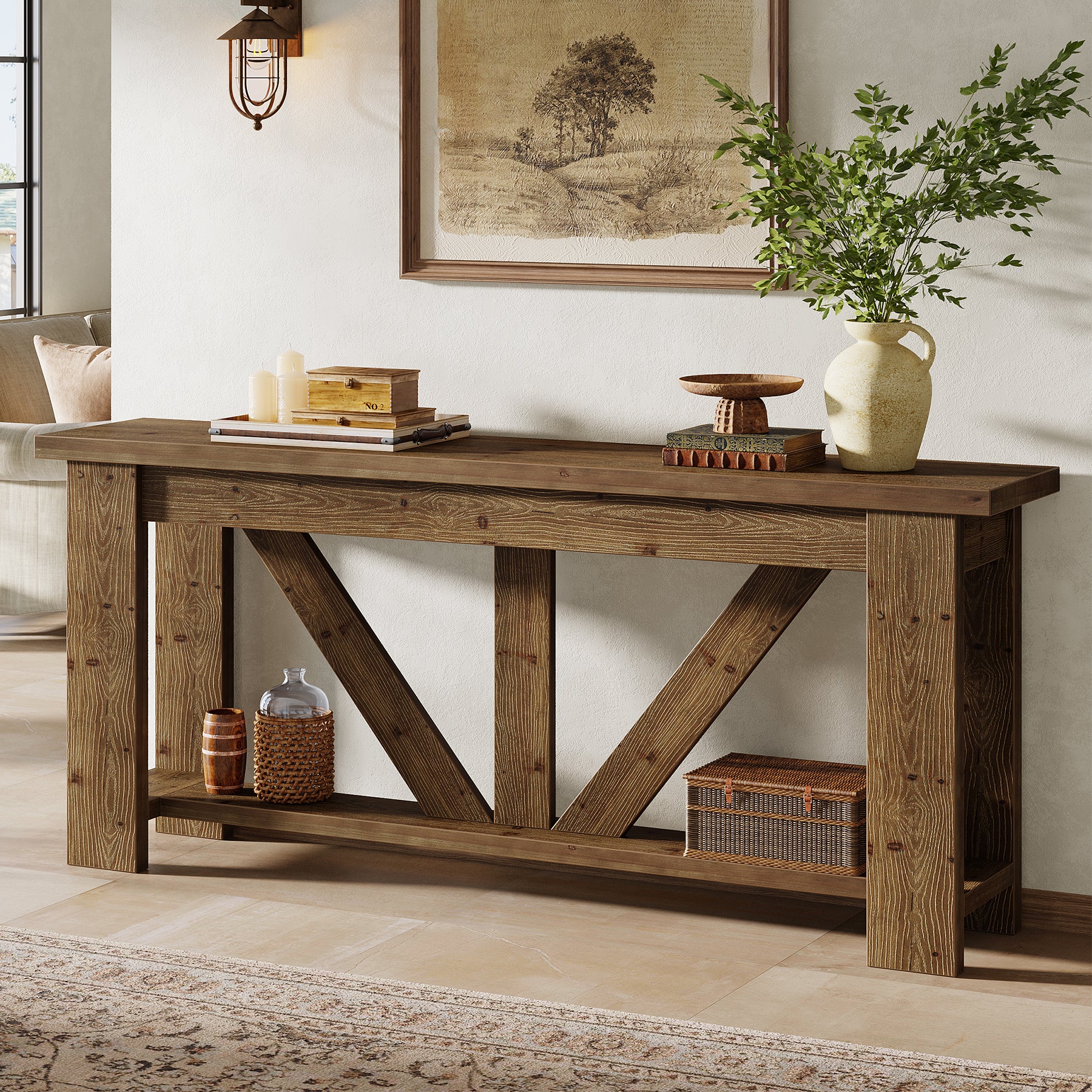 70.9-Inch Solid Wood Console Table with Triangular Base, 2-Tier Sofa Table for Hallway