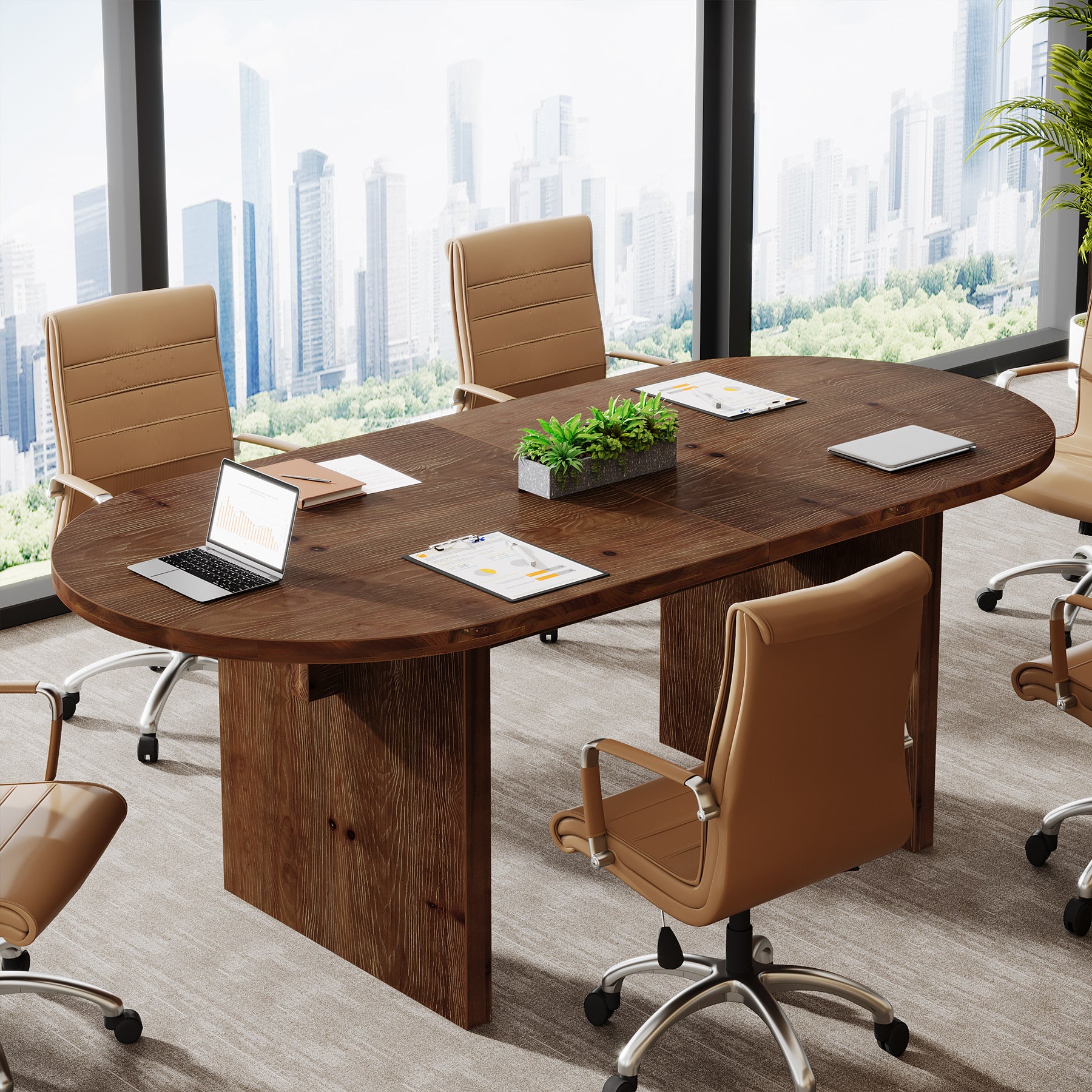 63-Inch Solid Wood Conference Table for 4 to 6 People with Oval Tabletop, Farmhouse Meeting Seminar Table