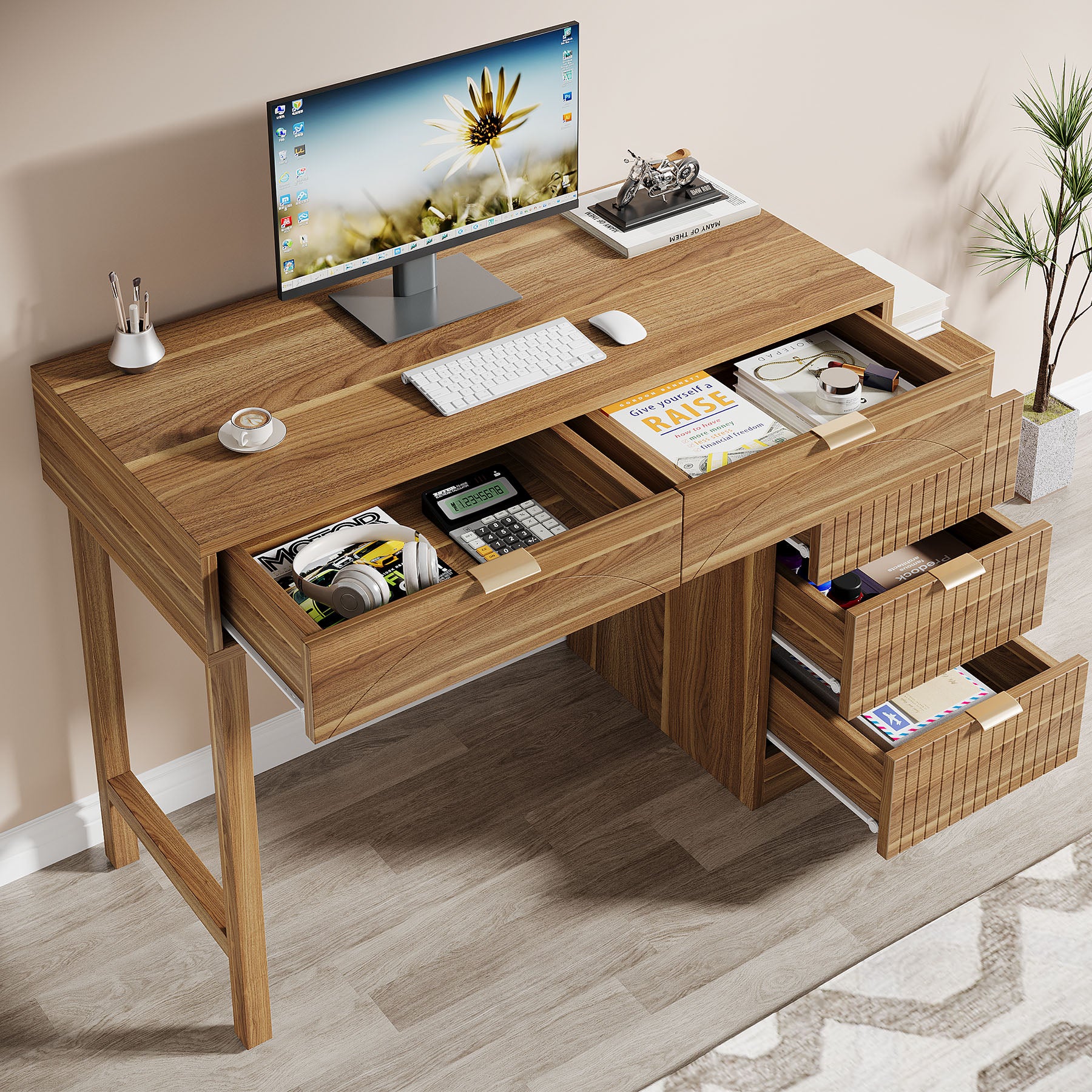 Reversible Computer Desk with 5 Drawers, Small Writing Desk for Home Office and Bedroom
