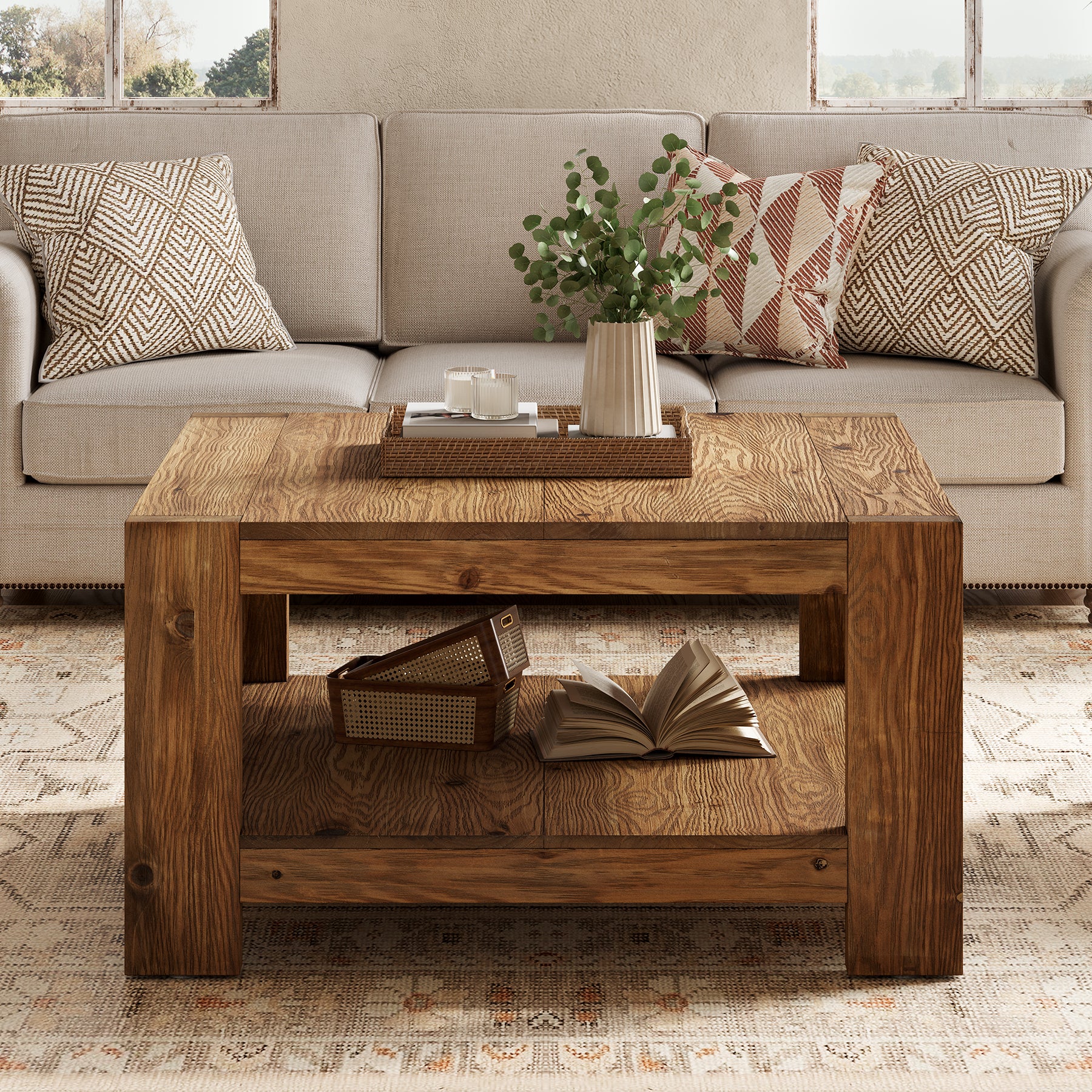 Tribesigns 31.5-Inch Square Farmhouse Coffee Table with Storage Shelf, Solid Wood Center Table for Living Room