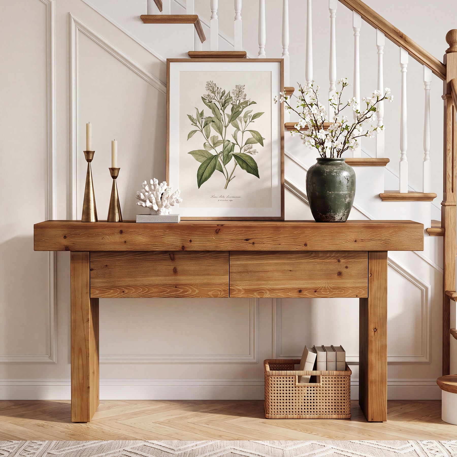 63 Inch Fir Wood Console Table with 2 Hidden Drawers, Narrow Entryway Table for Hallway
