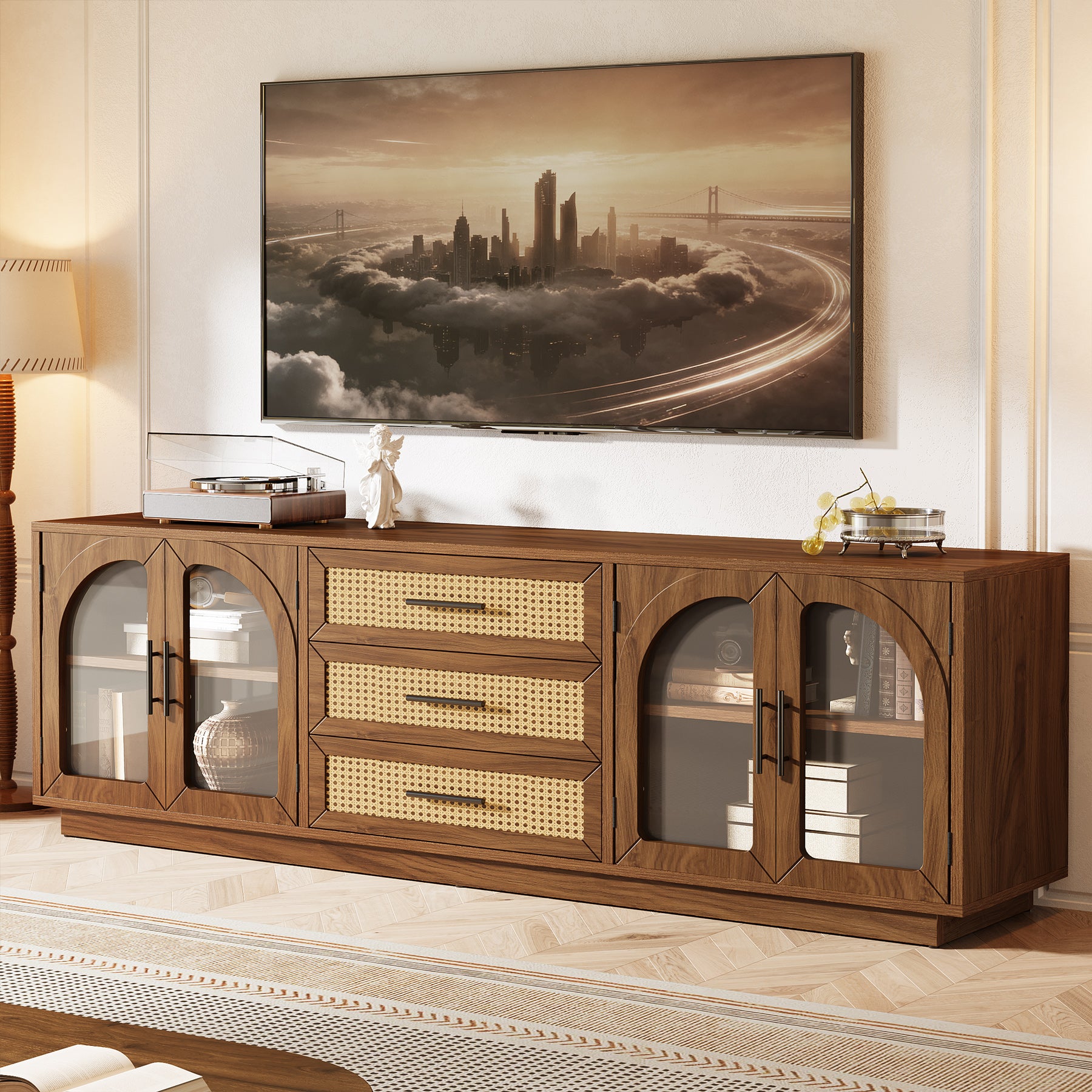 Tribesigns 71-Inch TV Stand with Rattan Drawers, Mid-Century Media Console for Living Room