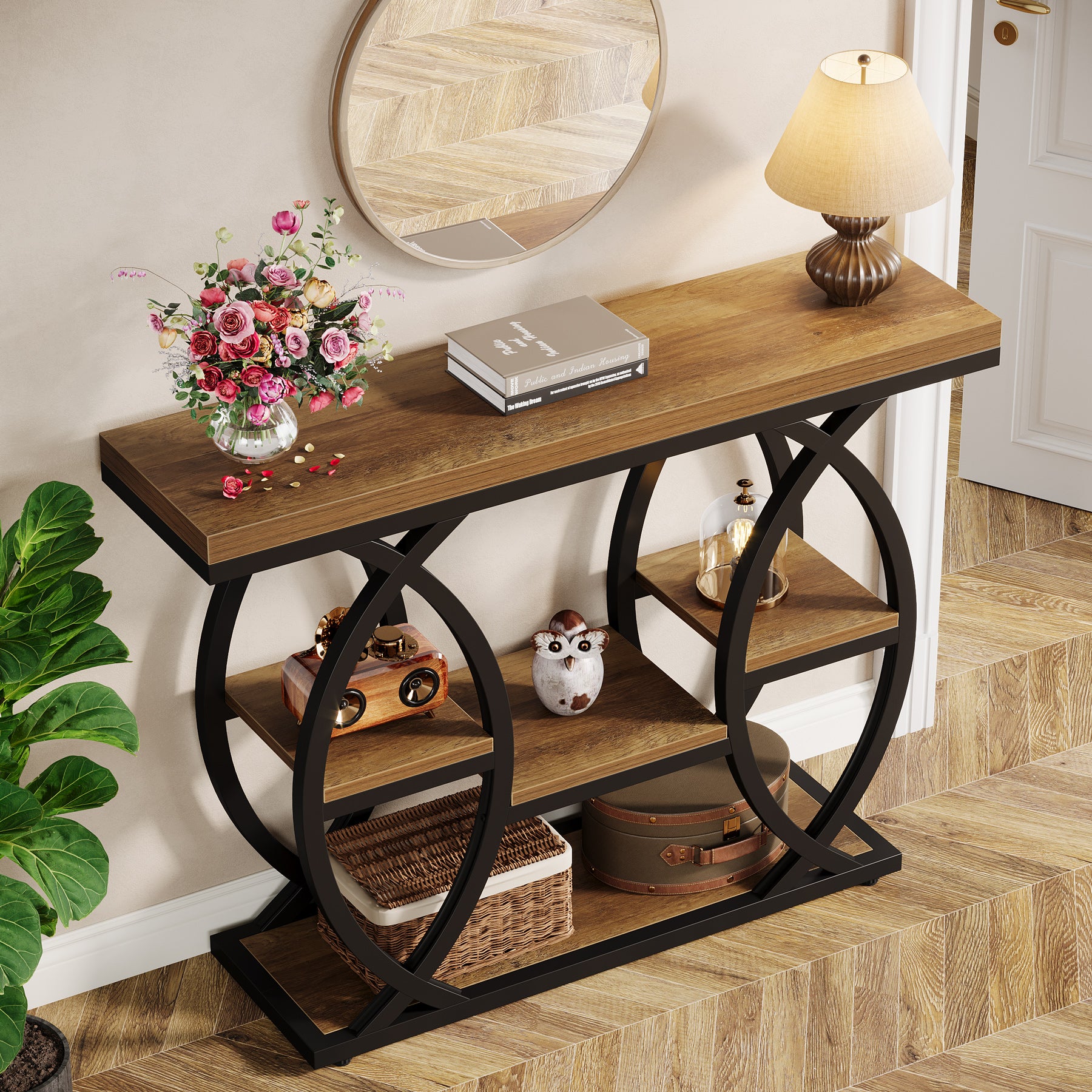 39.4" Industrial Console Table - 4-Tier Narrow Sofa Table with Metal Frame & Storage, Rustic Brown